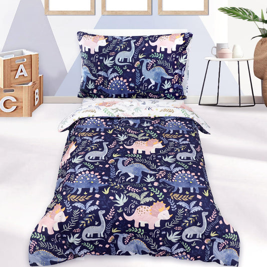 Pea Pod 4 Piece Dinosaur Toddler Bedding Set for Boys, Premium Blue Toddler Comforter Set Crib Sheets Set Includes Flat Top Sheet, Fitted Sheet, Comforter, Envelope Pillowcase,Ultra Soft