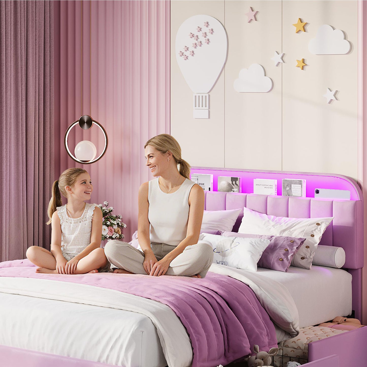 Garvee Full Size Bed Frame with 2 Flexible Drawers, Upholstered Platform Bed Frame with Bookcase Headboard and LED Lights, Kids Bed for Girls, Easy Assembly, Noise Free, Purple