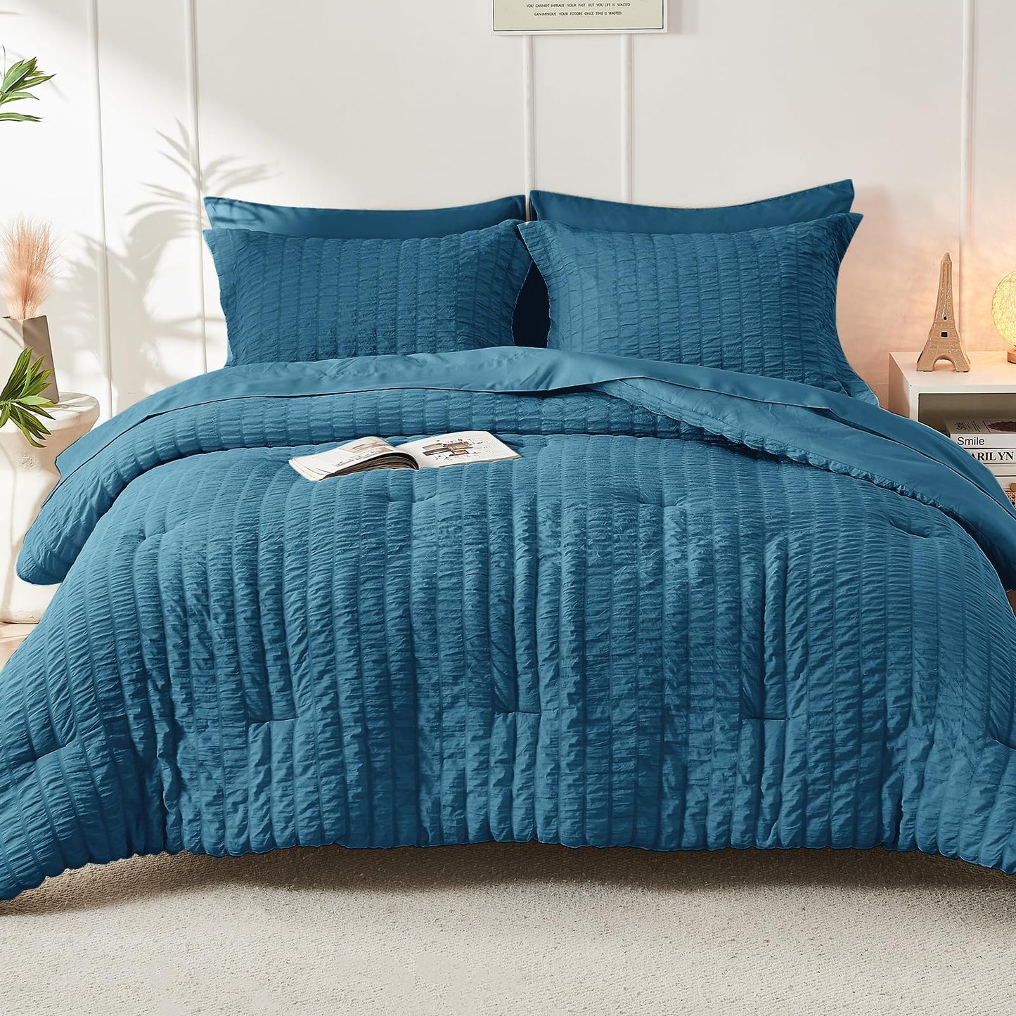 HYMOKEGE Teal Oversized Queen Comforter Set Seersucker 7 Pieces, All Season Luxury Bed in a Bag for Bedroom, Bedding Set with Comforter, Sheets, Pillowcases & Shams