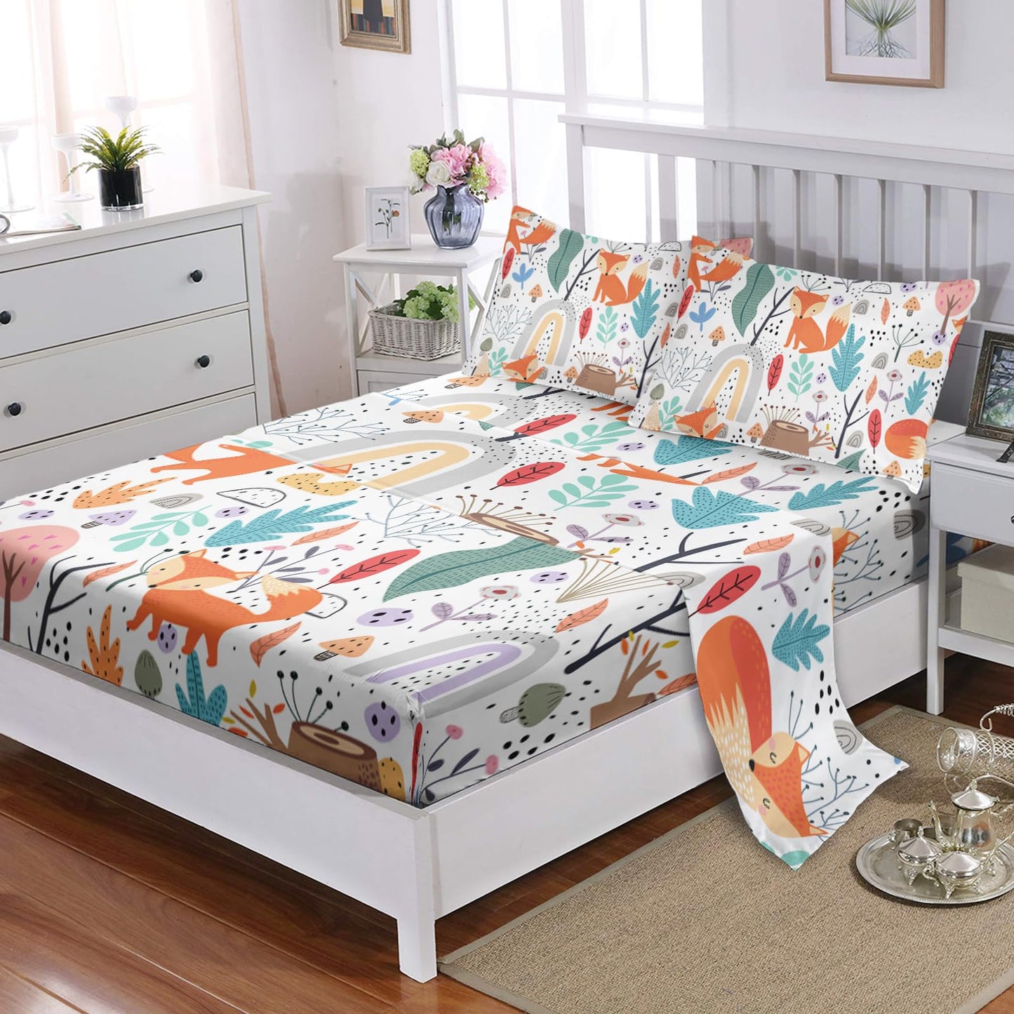 Nttopship Fox 4 Pieces Bed Sheet Sets Full Size Cartoon Forest Fox Printed Bedding Sets with 16" Deep Pockets Wildlife Bedroom Decor,Bedding Set 4 PCS(1 Fitted+1 Flat+2 Pillowcases)