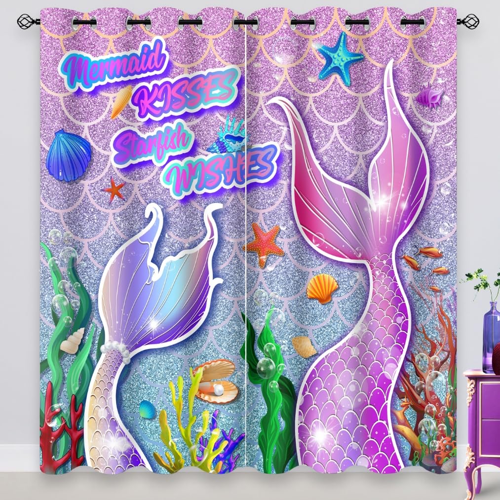 HIYSMT Mermaid Curtains for Girls Bedroom,4284inch Rainbow Fantasy Shining Fairy Fish Tail Little Mermaid Blackout Curtain,Princess Ocean Drapes for Kids Room,2 Panels HI03DX