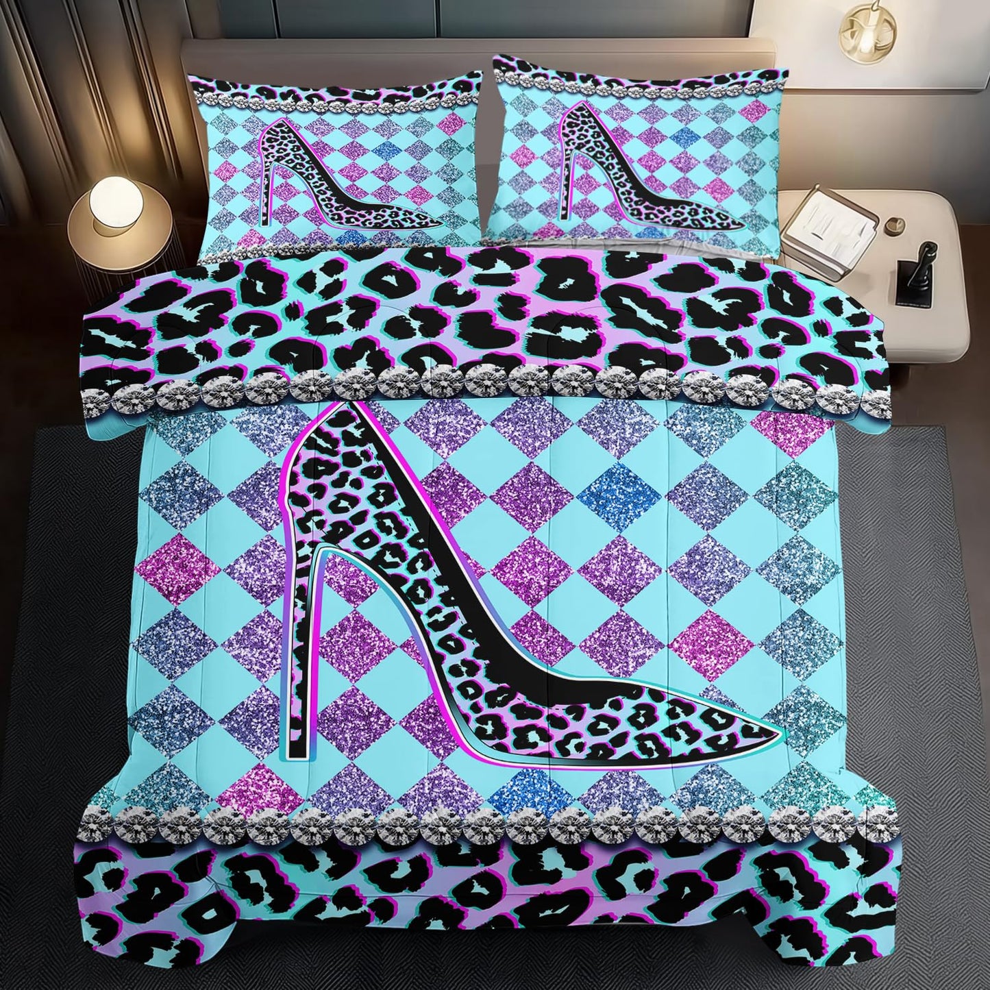 llyxsesty Rainbow Cheetah Print Comforter Set King Girls Sexy High Heels Leopard Print Bedding Set Women High Heels Leopard Comforter Quilt Bedroom Decor Animal Cheetah Bedding Bed Decor