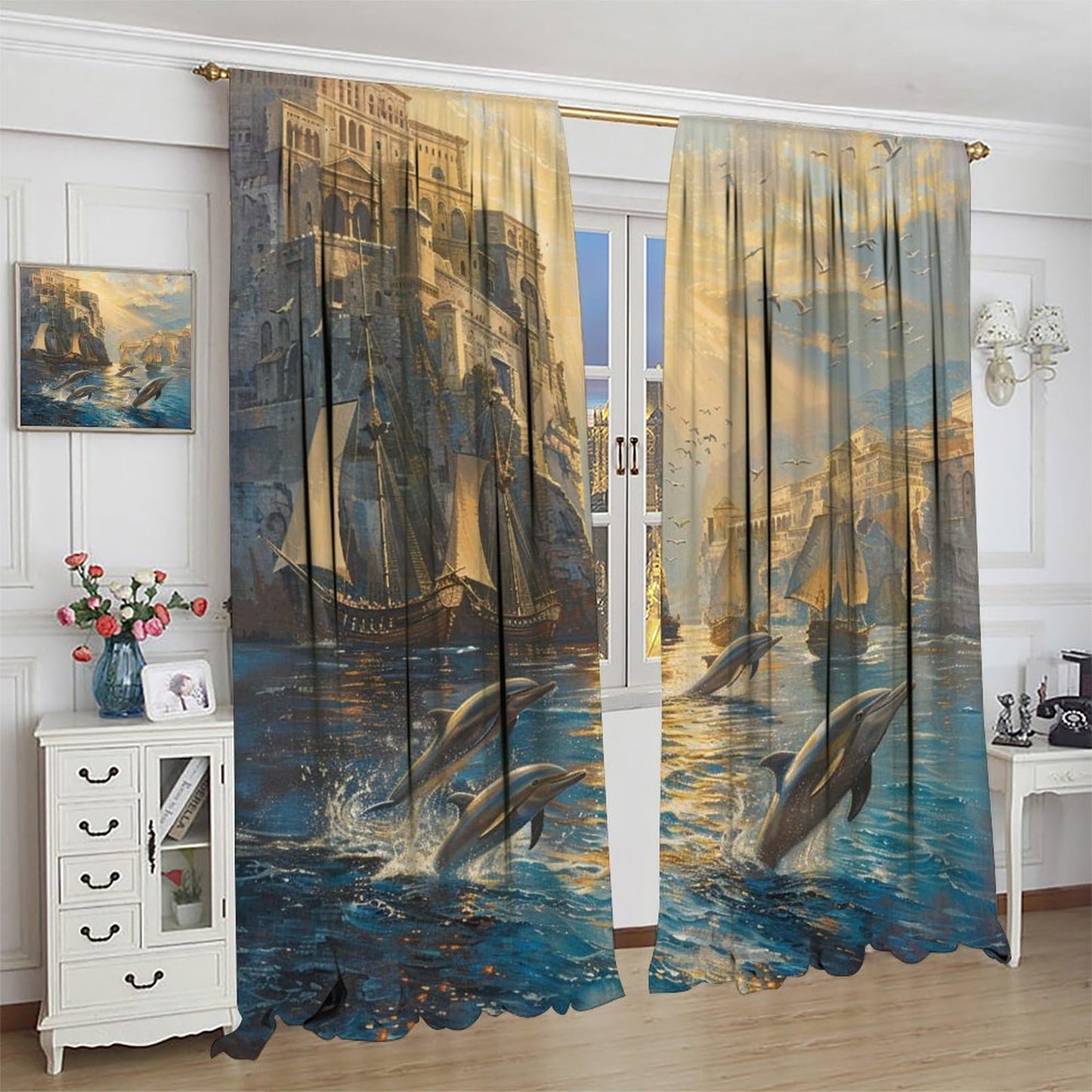 TOWINSFB Cute Dolphin Sailboat Blackout Curtains for Bedroom Living Room, Vintage Building Ocean Pirate Ship Thermal Insulated Room Darkening Curtain - 42" W x 45" L