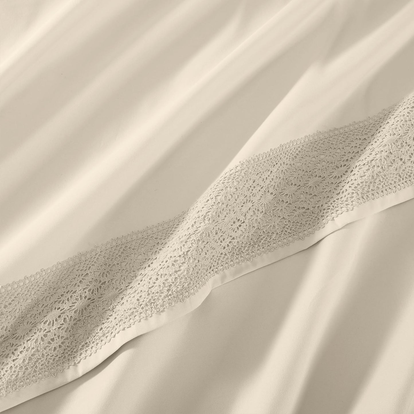 Modern Threads 4 Piece Microfiber Sheet Set – Soft Cooling Bed Sheets with Crochet Lace – Deep Pocket, Wrinkle Free, Breathable, Hotel Luxury Bedding, Beige, Queen