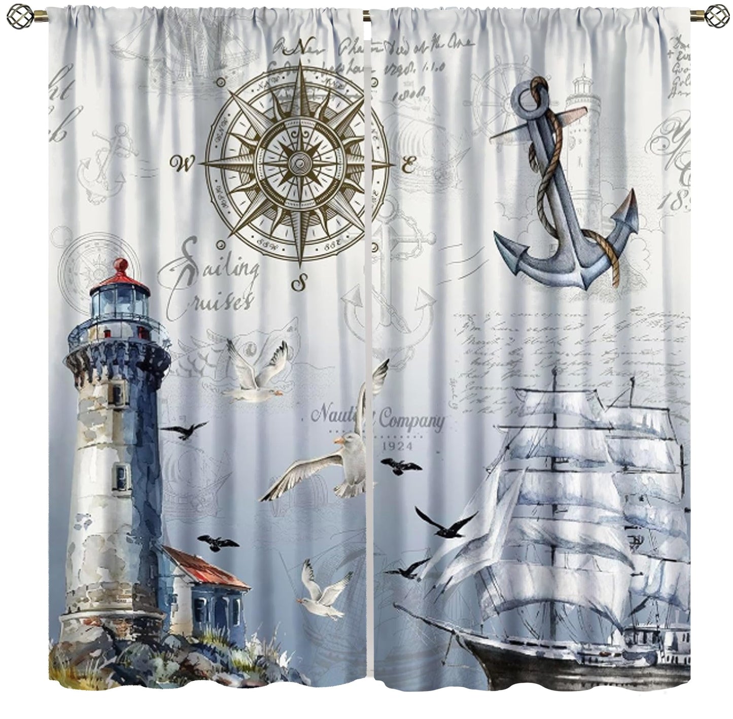 Nautical Curtains for Kitchen Vintage Blue Ocean Beach Retro Sailboat Map Rustic Lighthouse Compass Scene Print Windows Treatments for Kids Boys Bedroom Living Room Bathroom 42x44.5In（No Blackout）