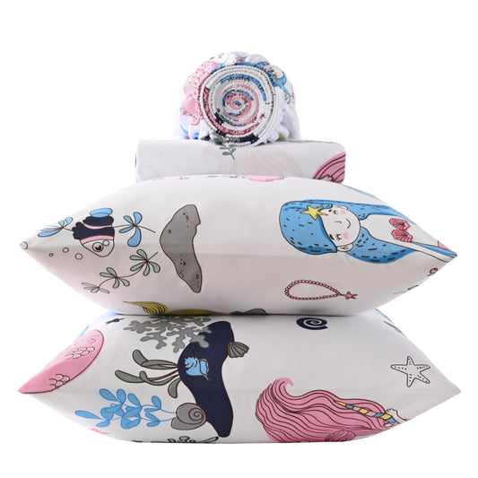 Yibeizi Mermaid Sheet Set for Girls Twin, Kids Cute Ocean Print Bedsheets Microfiber Deep Pocket Beach Patterned Bed Sheet & Pillowcase Sets 3 Pieces