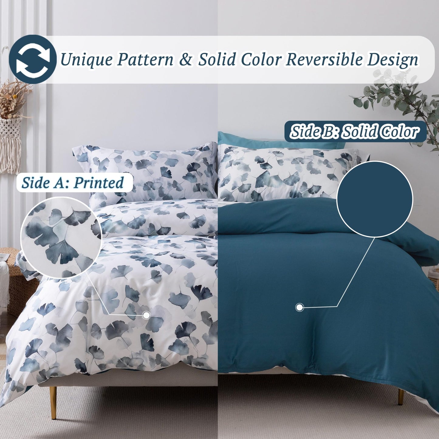 MILDLY 100% Long-Staple Cotton Duvet Cover Set Light Navy Ginkgo Leaf Pattern Printed Comforter Cover 3pcs, Ultra Soft & Breathable Bedding Set