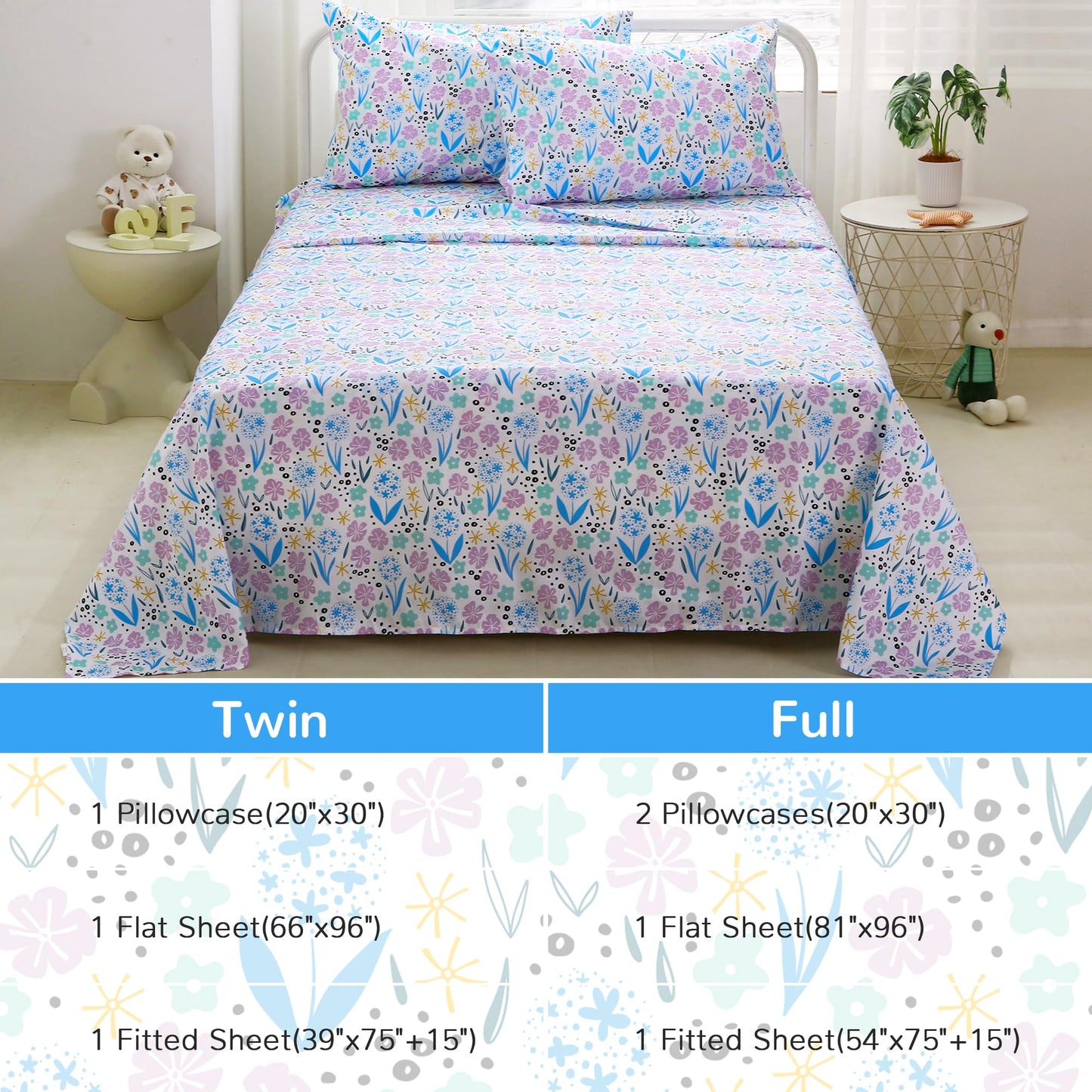 Viviland 3 Pieces Girls Purple Floral Twin Sheet Set - Soft Microfiber Fitted Flat Sheets & Pillowcase - Purple Colorful Flower Print Bedding Sets - for Kids & Toddlers