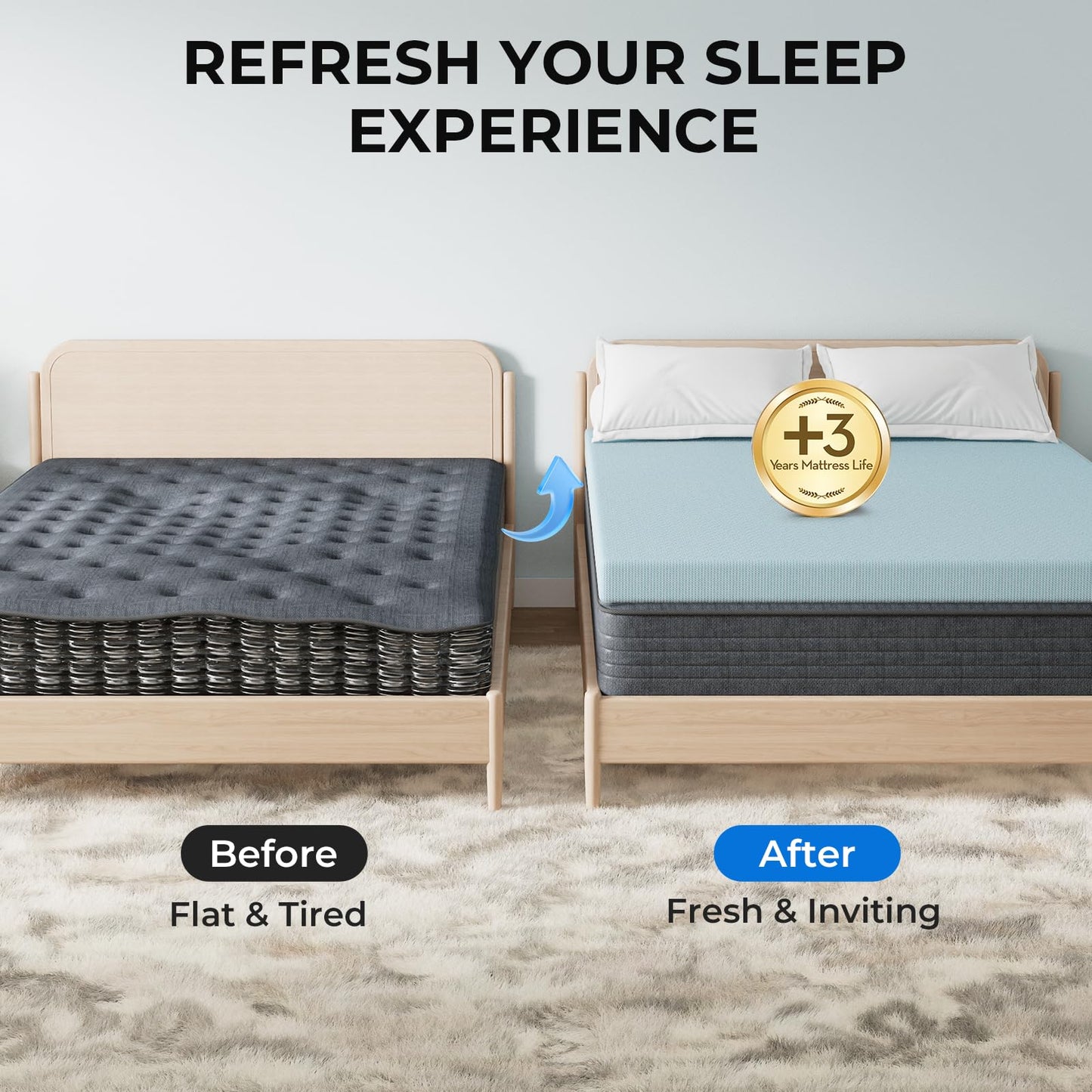 OhGeni 2 Inch Full Memory Foam Mattress Topper Pad with Cover, Soft Bed Cover with Anti-Slip Base, Enhanced with Cooling Gel，Premium Comfort for Sleep & Back Pain Relief, Removable & Washable
