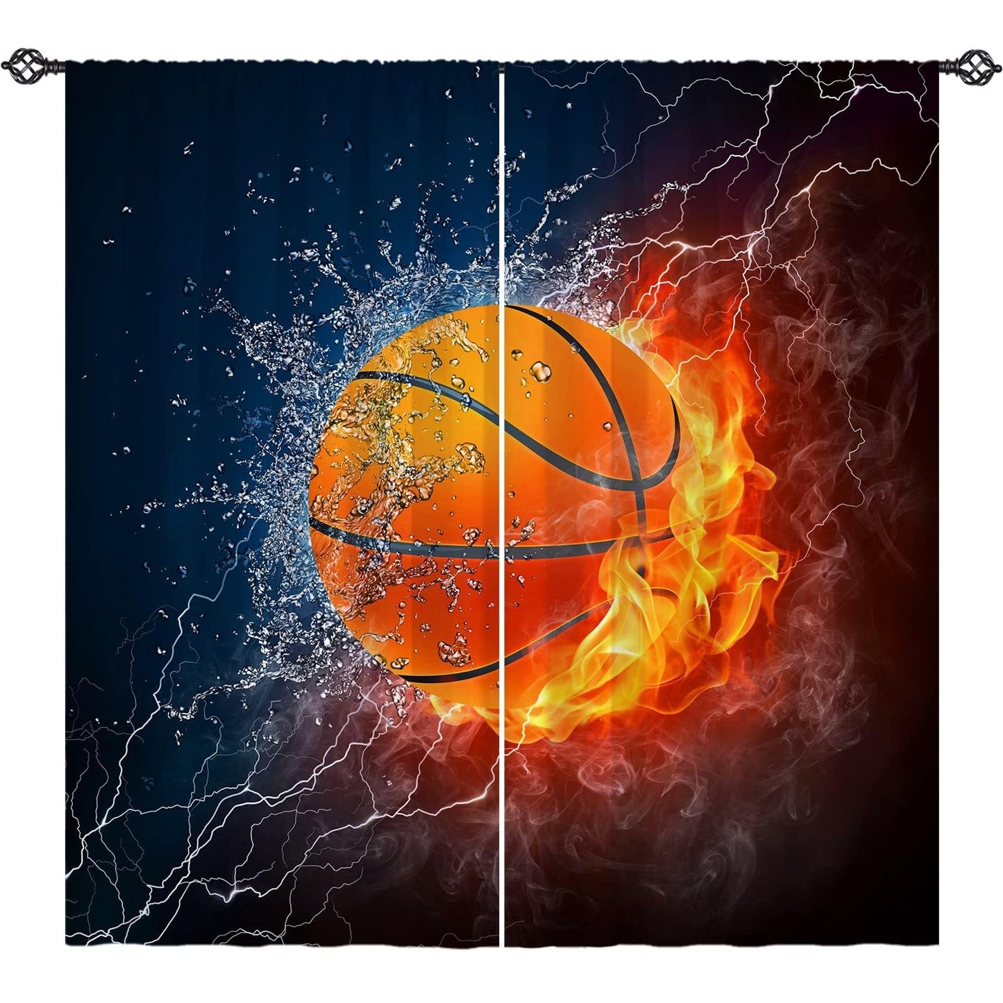 YUANZU Kids Basketball Curtains W42 x L63 Inch Rod Pocket Sports Fire Ball Water Flame Thunder Lightning Print Pattern Privacy Fabric Window Drapes for Boys Bedroom Nursery Baby Playroom 2 Panels