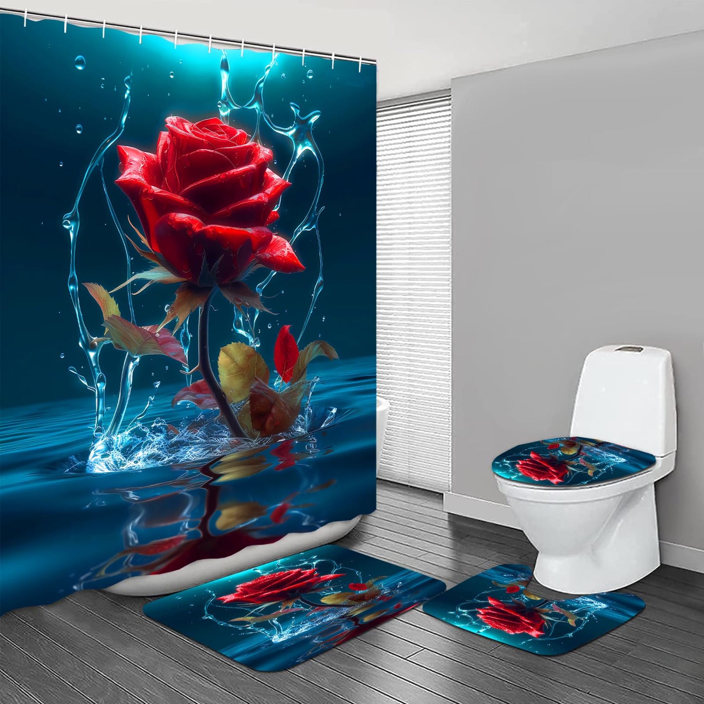 Jirown Red Rose Shower Curtain Sets 4 Pcs,Non-SlipRugs Bath Mat Toilet Cover U Shaped Mat Black Red Shower Curtain with 12 Hooks,Durable Bathroom Decor Set
