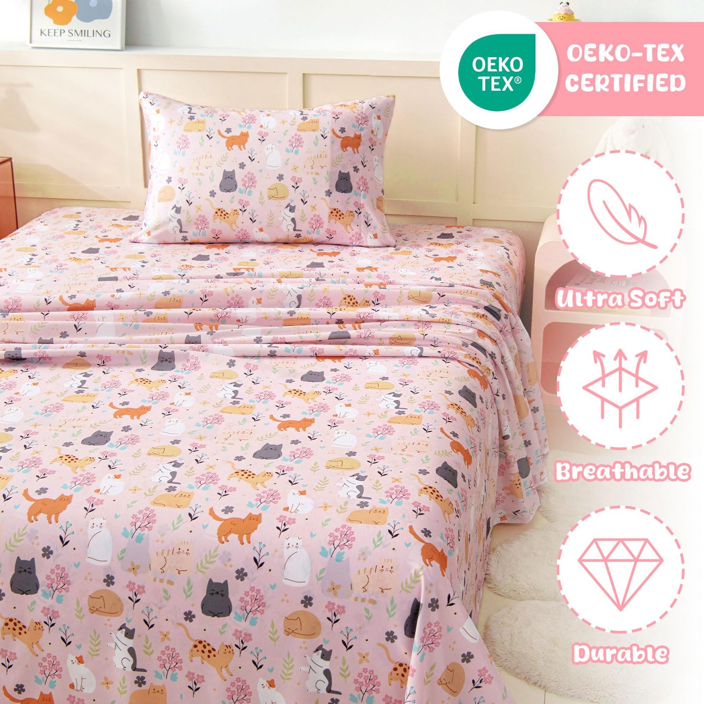Swiftify Twin Sheet Set for Kids Girls, 3-Piece Bed Sheet Set for Toddler, Soft Brushed Microfiber Bedding, Deep Pocket, Wrinkle & Fade Resistant, Cute Cats
