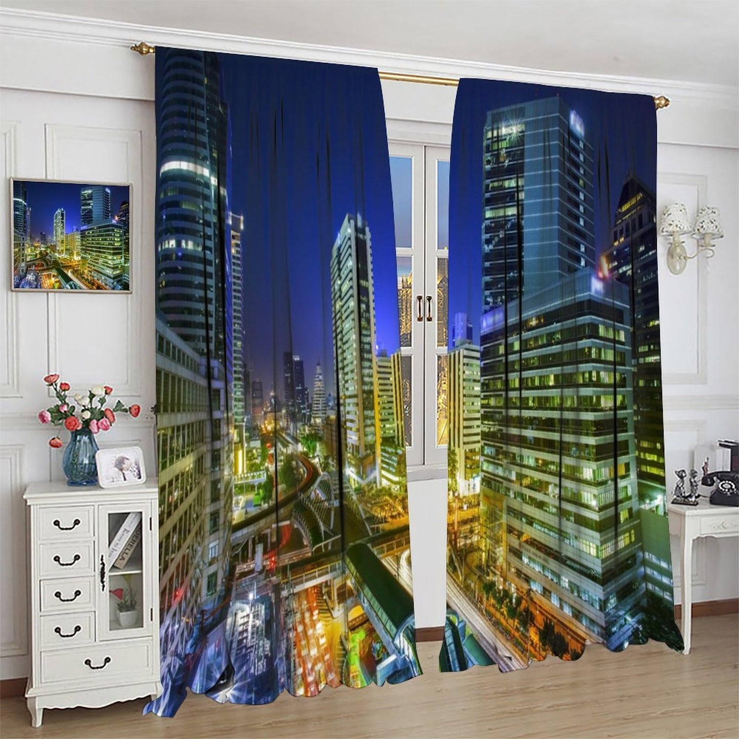 Bangkok City Curtains, Thailand Downtown Night View Modern Building Business Print Window Drapes for Bedroom Living Room, 42" W X 45" L