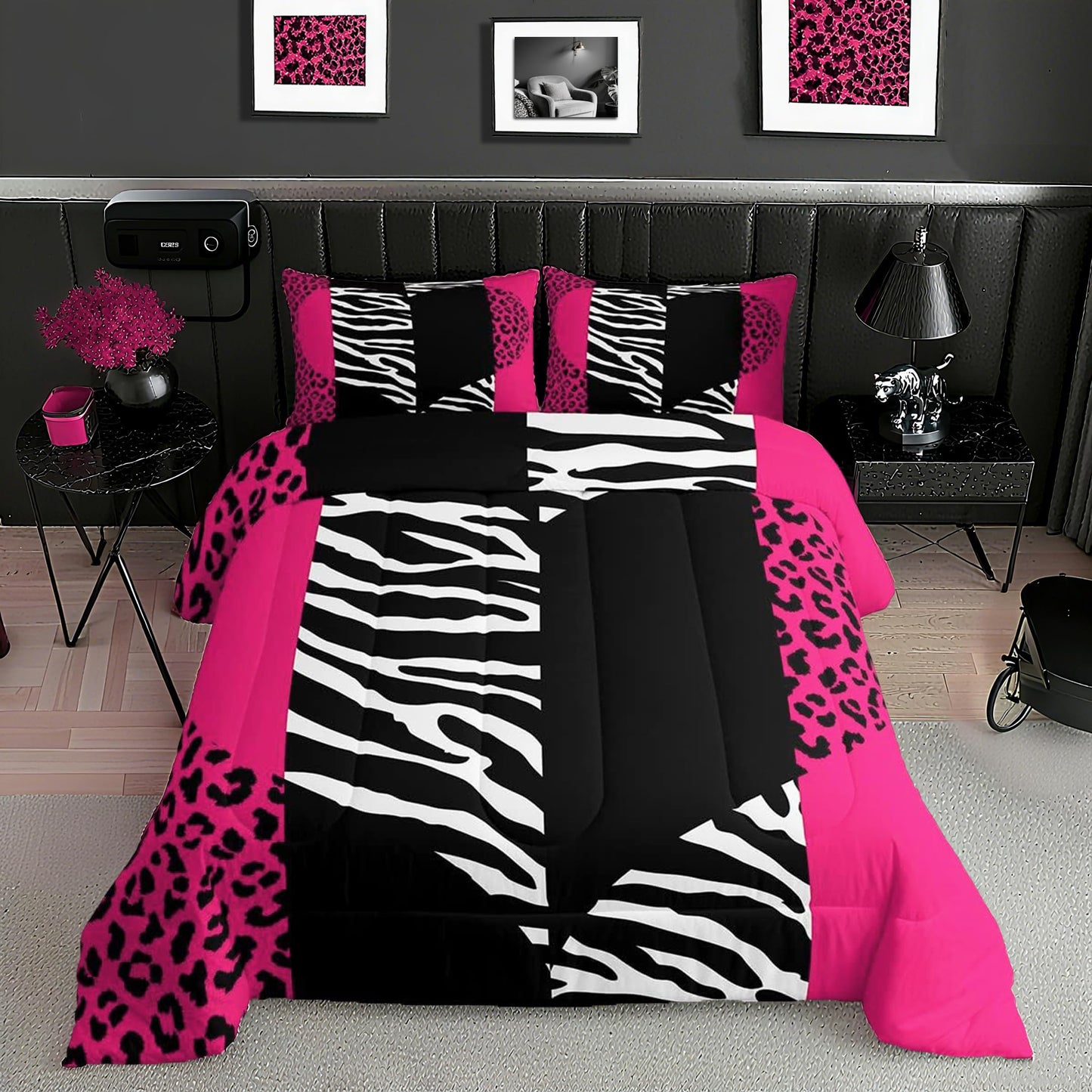 Pink Leopard Comforter Set Twin Size Girls Cute Zebra Heart Bedding Set 2pcs Geometric Patchwork Stripes Quilted Duvet for Women Teens Room Decor Romantic Wild Animals Fur Bedspread,1 Pillowcase