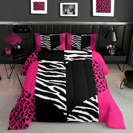 Pink Leopard Comforter Set Twin Size Girls Cute Zebra Heart Bedding Set 2pcs Geometric Patchwork Stripes Quilted Duvet for Women Teens Room Decor Romantic Wild Animals Fur Bedspread,1 Pillowcase