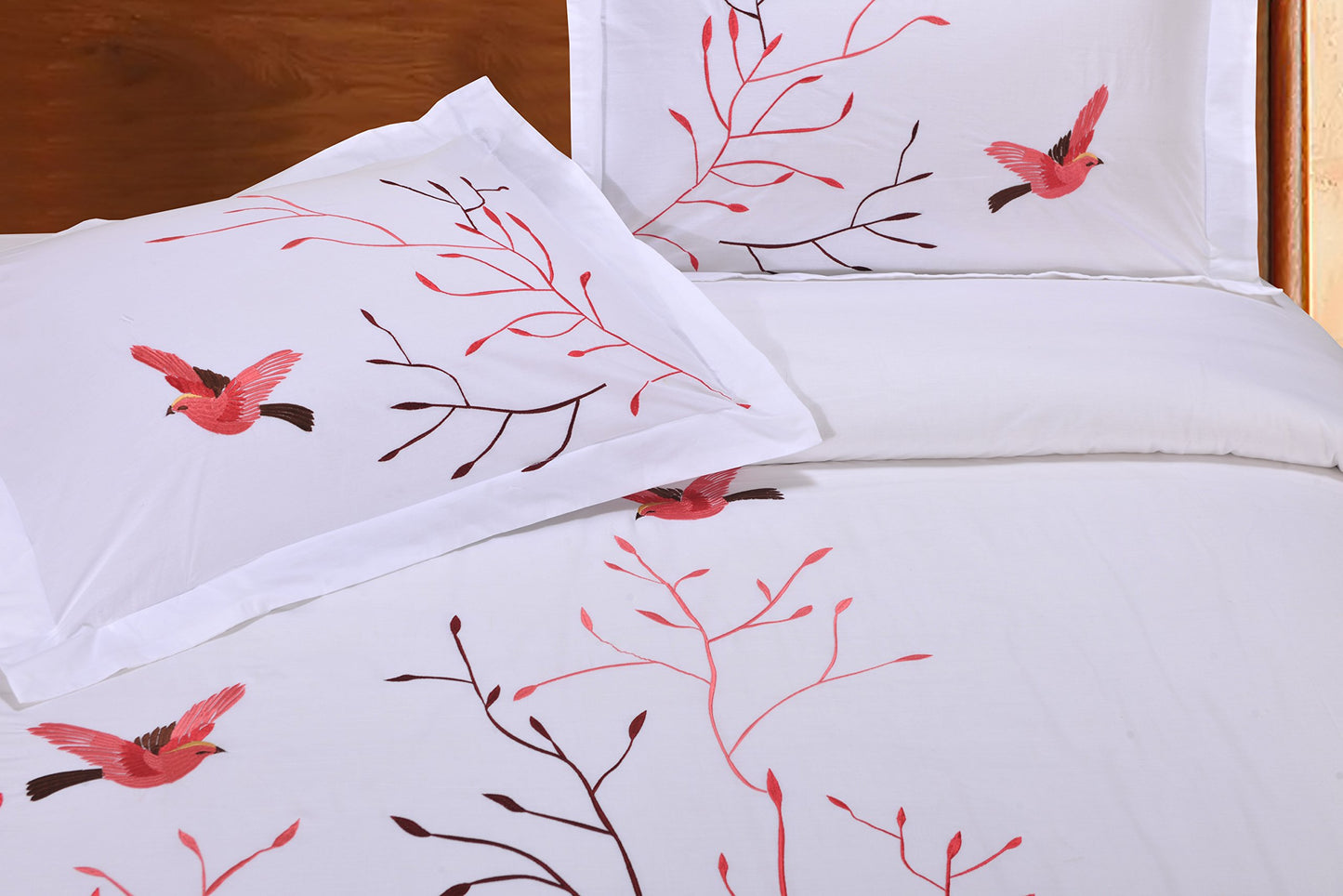 Superior Swallow Cotton 200 Thread Count Duvet Cover Set, Comforter Cover, Bed Essentials, Embroidered Tree with Birds, Includes 1 Duvet Cover- Button Closure, 2 Pillow Shams, Full/Queen, Red Swallow