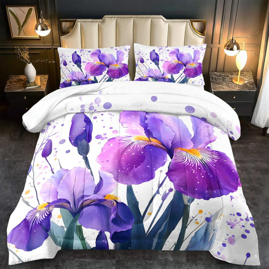 llyxsesty Purple Floral Comforter Set King Size Woman,Purple Iris Comforter for Girls,Pink Flower Bedding Set King Bedroom Decor,Floral Bedding Quilt Bed Decor Pink for Kids and Adults