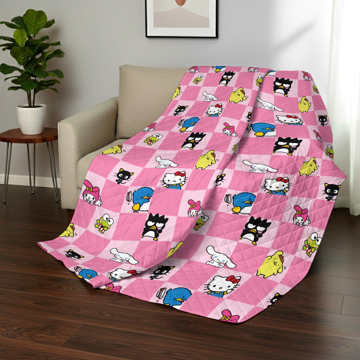 Northwest Hello Kitty & Friends Reversible Quilted Throw, Kawaii Checkered Pattern, Comfy Throw, for Anime Fans, Game Room, Chair or Couch, 60 x 80 Inches