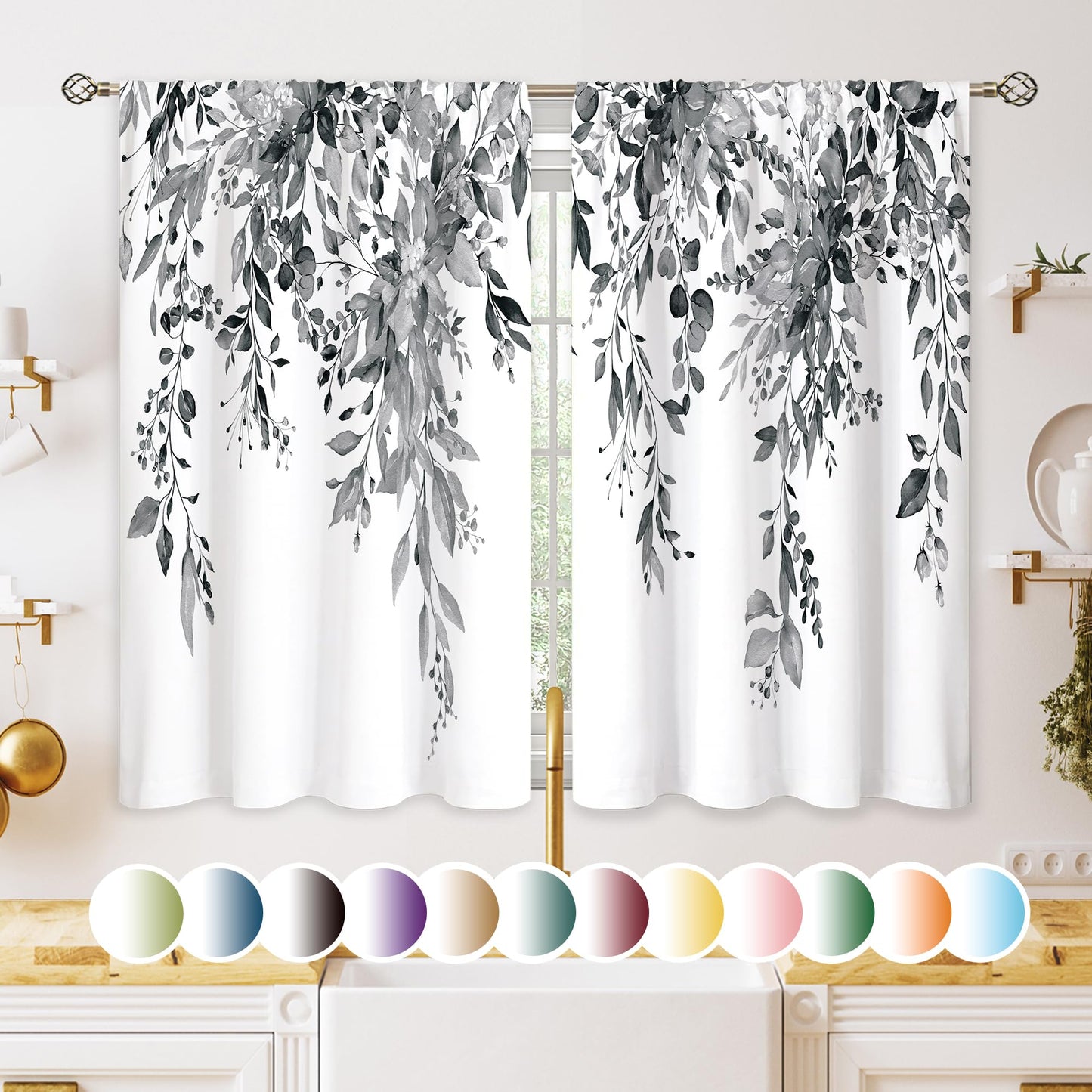 oolygoo Eucalyptus Botanical Leaves Grey Floral Kitchen Window Curtains Over Sink Farmhouse Flower Leaf Small Window Treatment Cafe Short Curtains for Bathroom Treatment Tier Drapes 27.5x39 inch