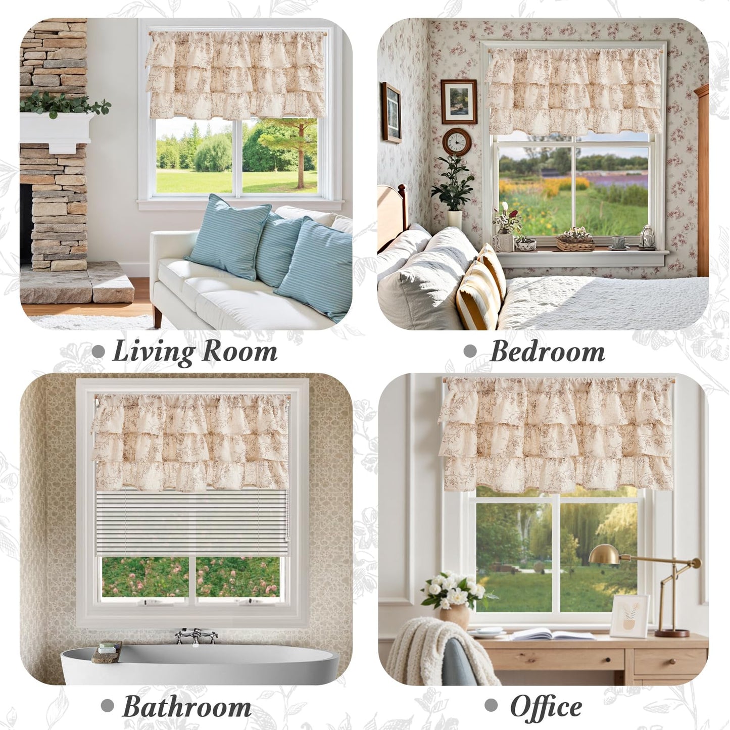 jinchan Ruffled Floral Valance Curtain Shabbychic Linen Window Valance 18 Inch Farmhouse Rustic Window Treatment for Kitchen Bedroom Living Room Rod Pocket 1 Panel Taupe on Linen
