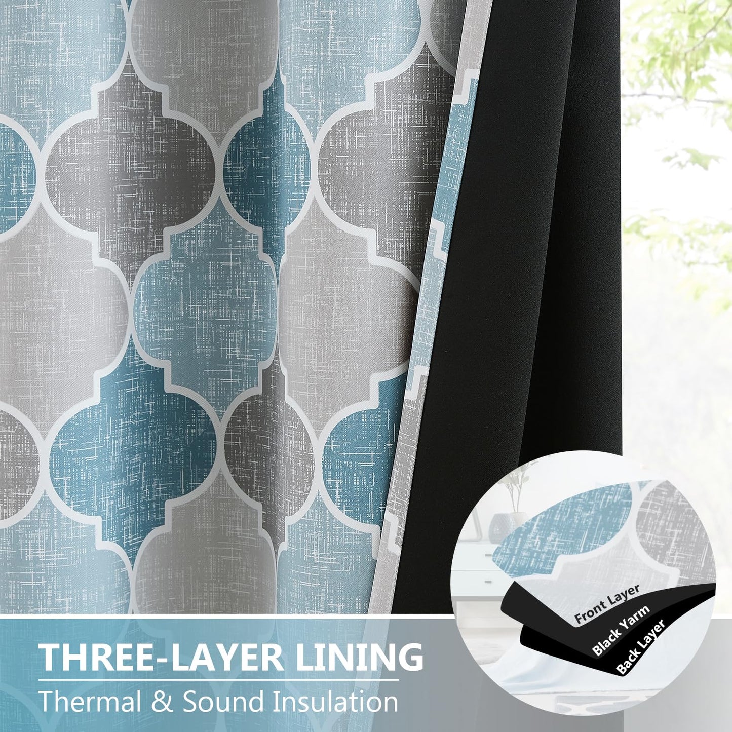 Ronaldecor Full Blackout Geometric Print Curtains 84 Inches Long 2 Panels Gray Blue Moroccan Drapes Room Darkening Thermal Insulated Grommet Top Window Treatments Set for Bedroom Living Room, 52" W