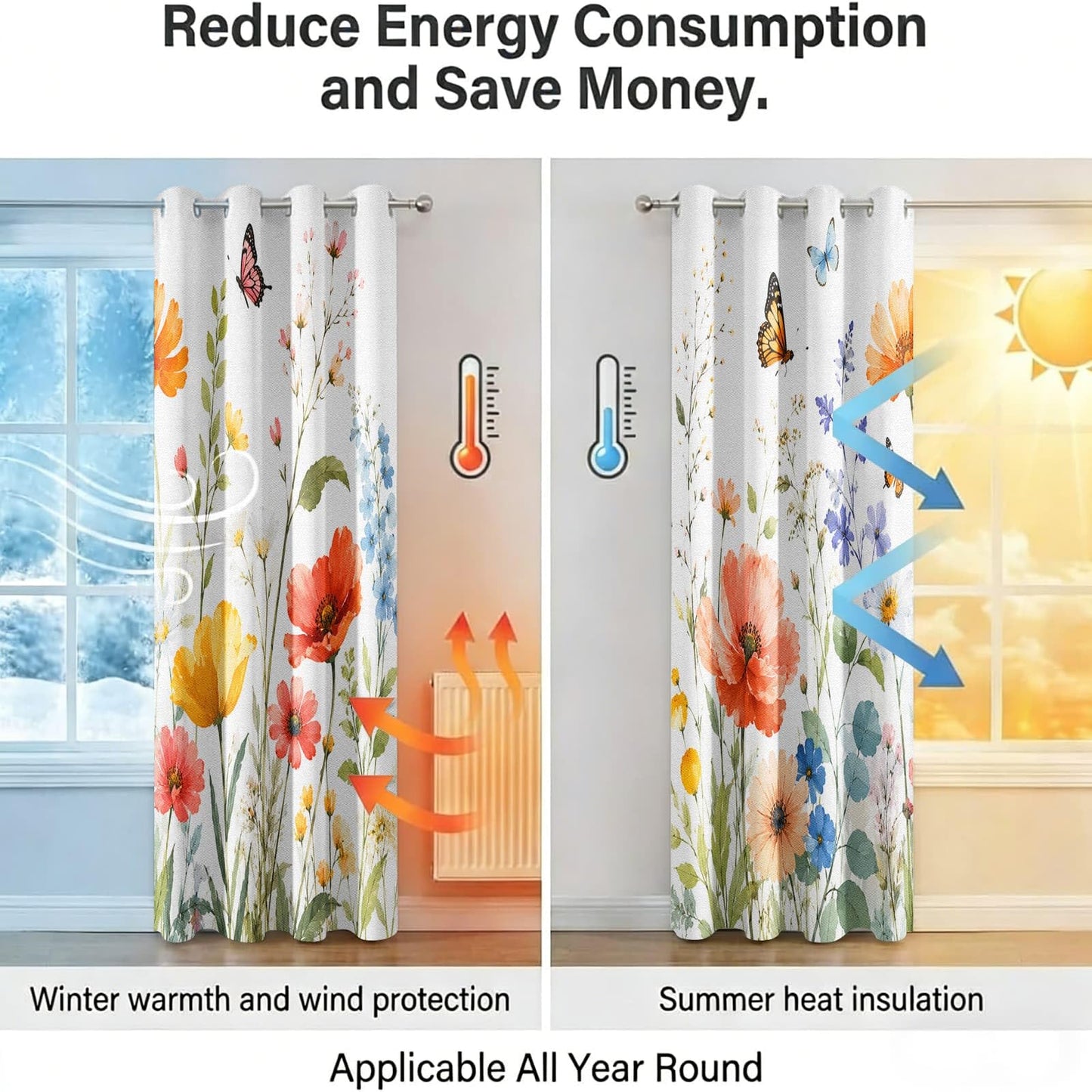 Spring Watercolor Wildflower Butterfly Blackout Curtains, 2 Panels, 29.5"W x 63"L, Colorful Meadow Floral Window Drapes, Thermal Insulated Darkening Botanical Curtains for Bedroom Nursery Living Room