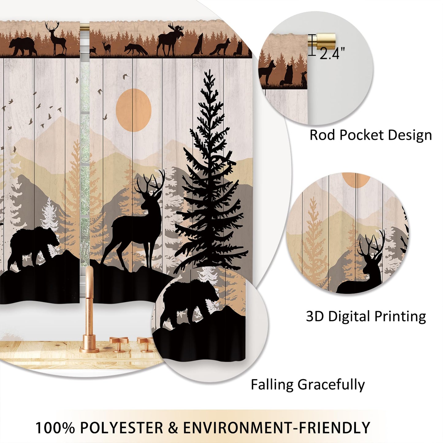Laifzere Farmhouse Forest Cabin Kitchen Curtains Rustic Wooden Small Short Cafe Window Curtains Tree Country Deer Bear Rod Pocket Bathroom Window Drapes Treatment Tier Curtains 2 Panels (27.5x39 Inch)