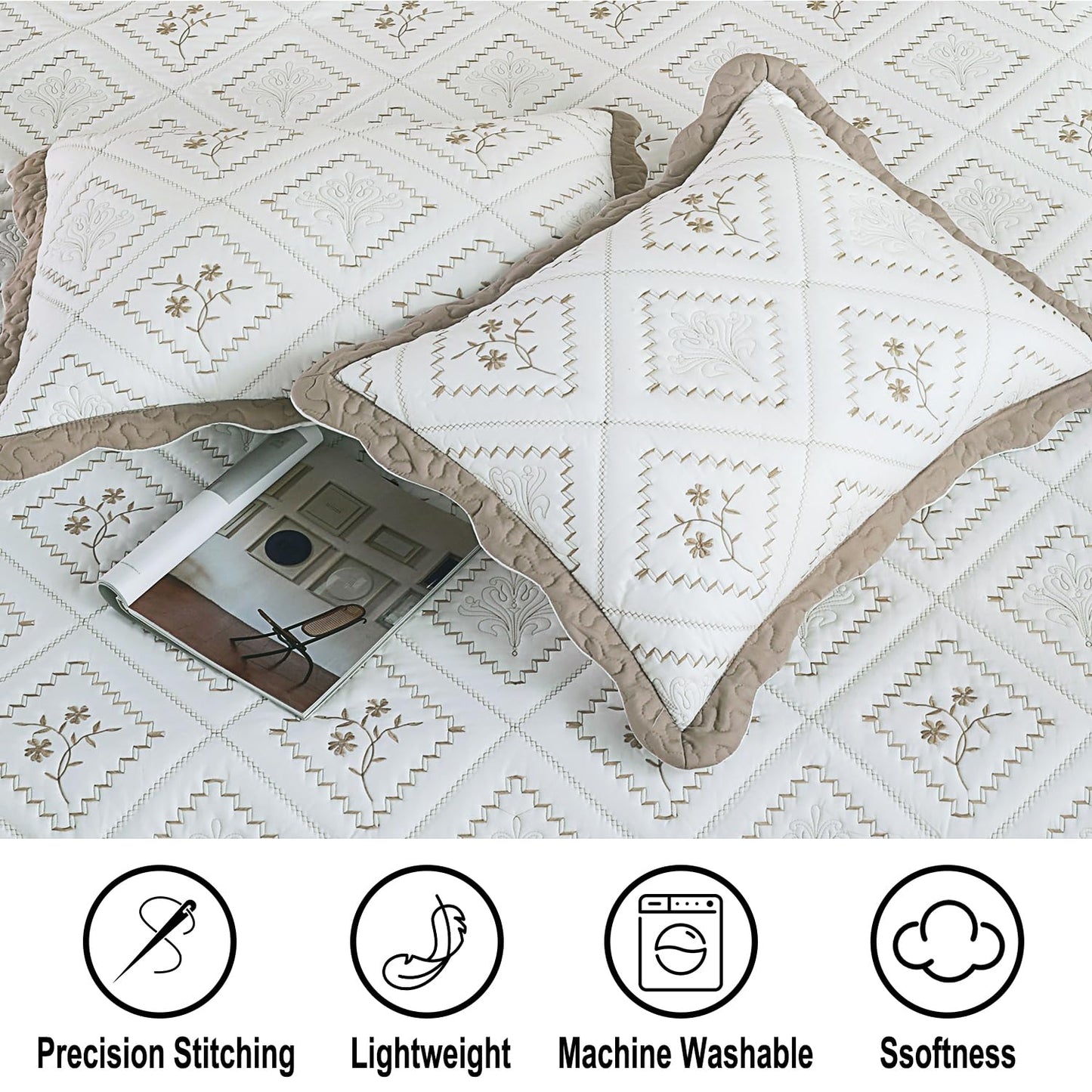 Cmfshape Floral Embroidery Quilt Set,3 Pieces Oversized King Quilt Bedding Set,Classic Diamond Pattern Quilts,Ultra Soft Lightweight Reversible Bedspread Coverlets for All Season(Taupe,120"x120")