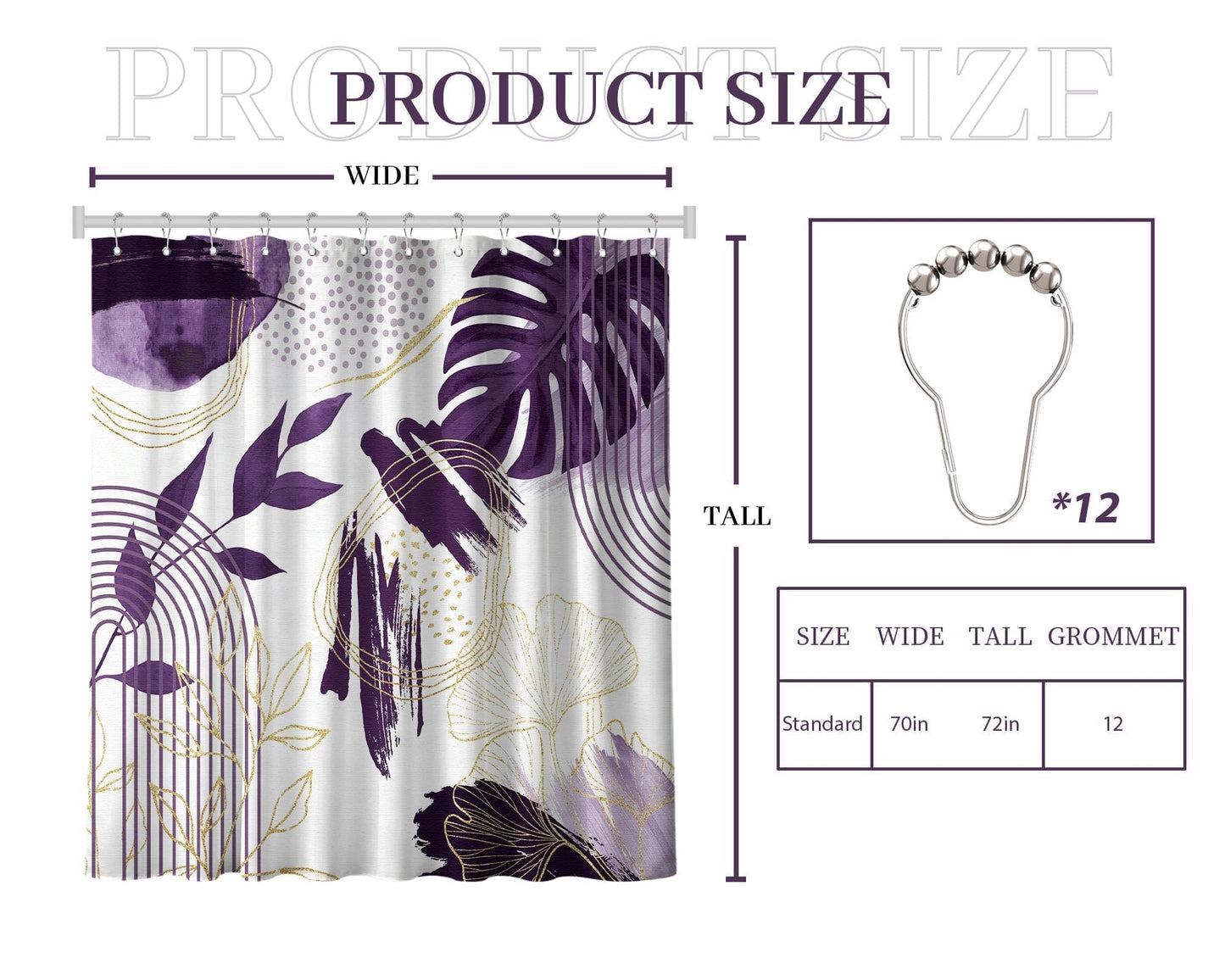 soeeao Dark Purple Shower Curtain Plum Purple and White Mid Century Modern Shower Curtains for Bathroom Decor, Waterproof Cloth Fabric with Hooks, 70" W x 72" L