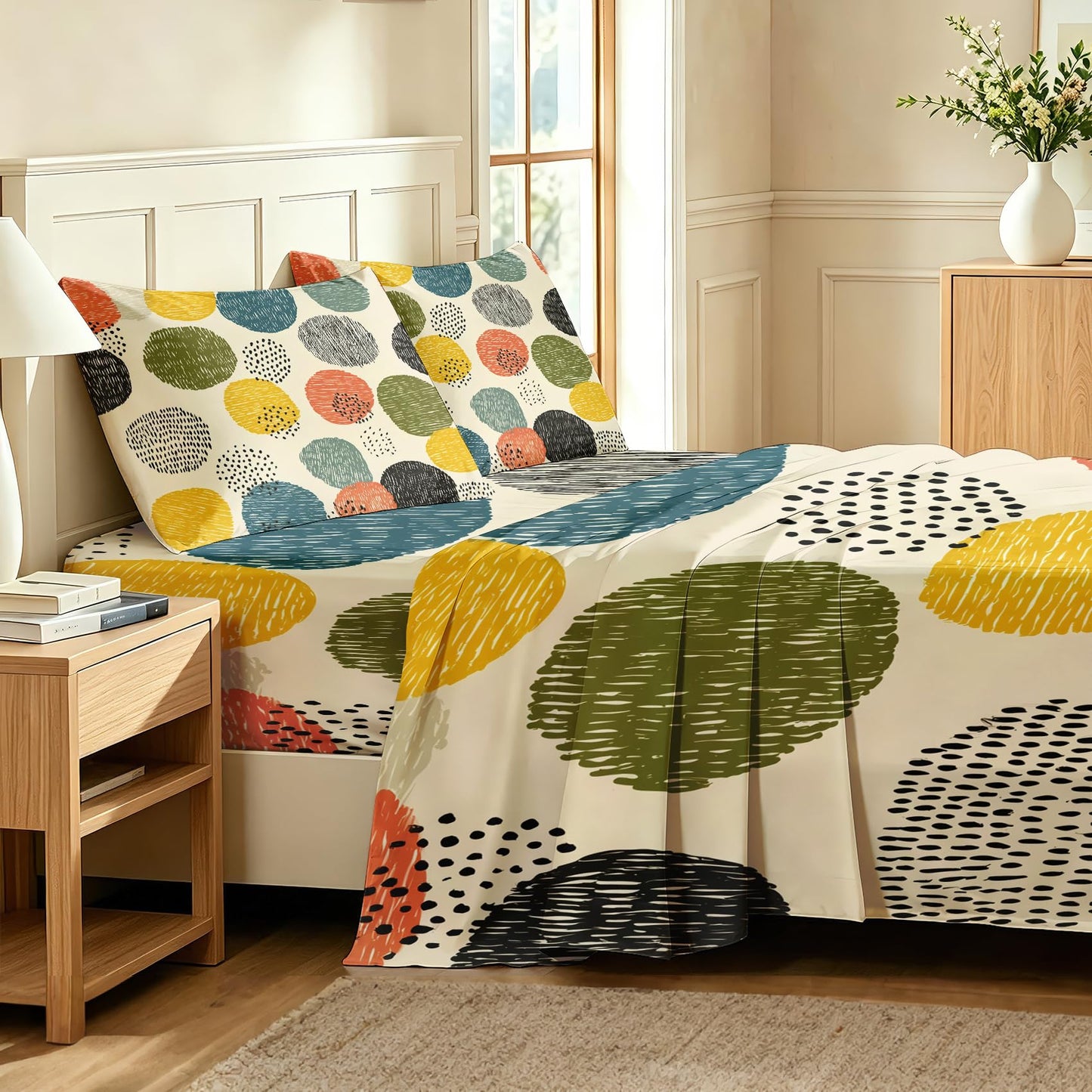 Polka Dot Queen Sheet Set 4 Pcs Colorful Bed Sheets, Green White