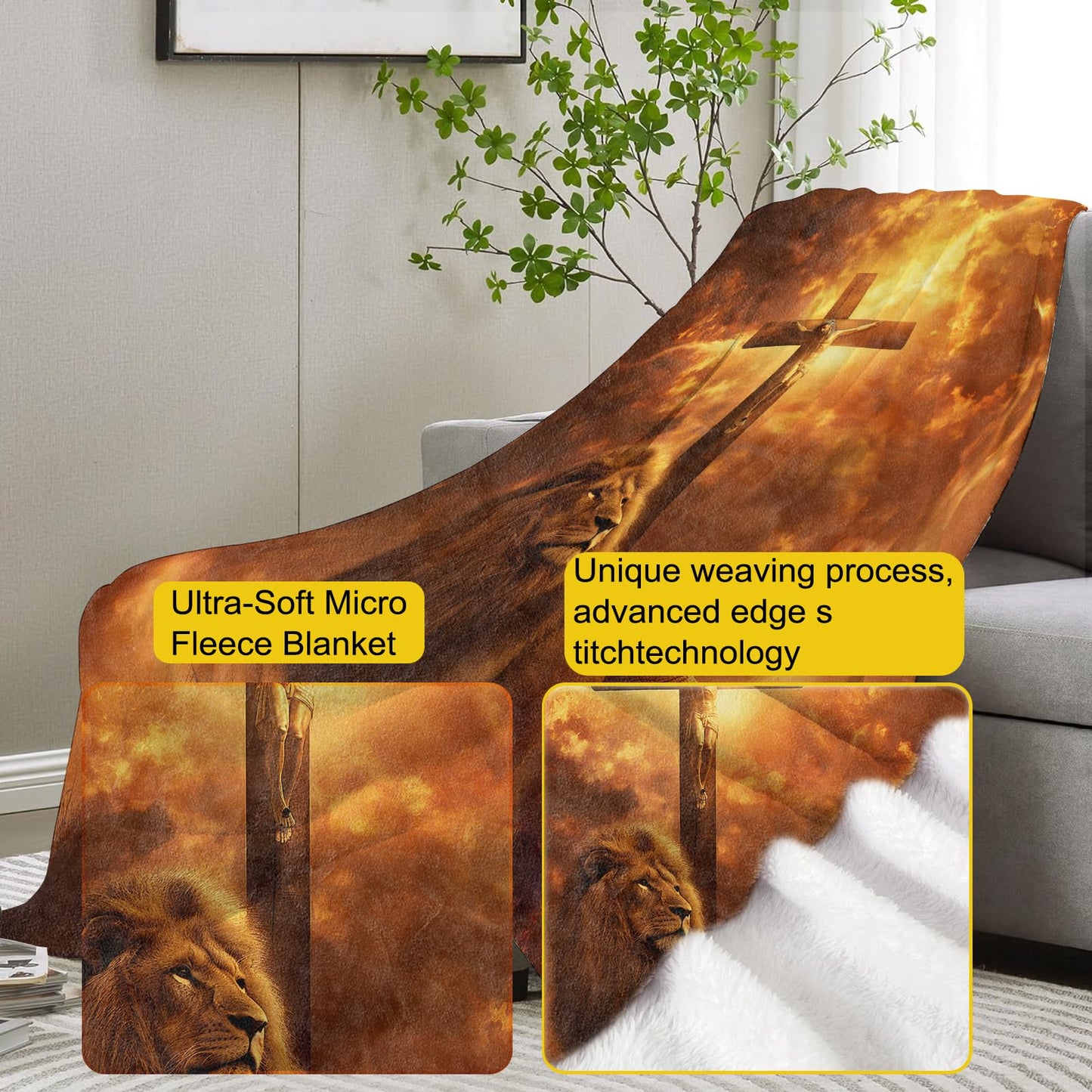 VANZEV Christian Blanket,Lion and Lamb Flannel Throw Blankets,Soft Warm Lightweight Cozy Plush Sunset Cross Throws for Bedroom Sofa Home Decor Gifts for Women Girls 50"x60"