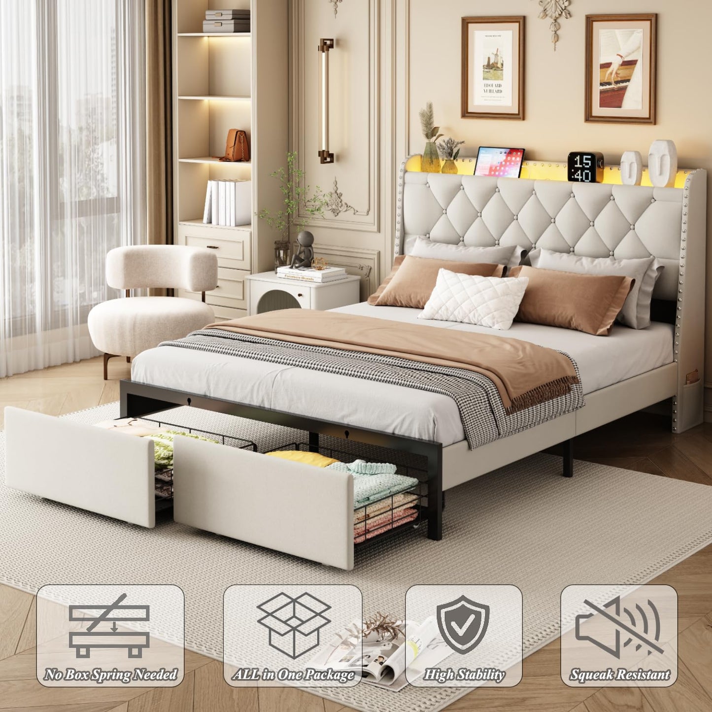 Full Size Bed Frame with Storage Headboard and 2 Drawers, Upholstered Button Tufted Bed Frames Full with Led Lights and Handy Charging Station, No Box Spring Needed, Easy Assembly, Noise Free, Beige
