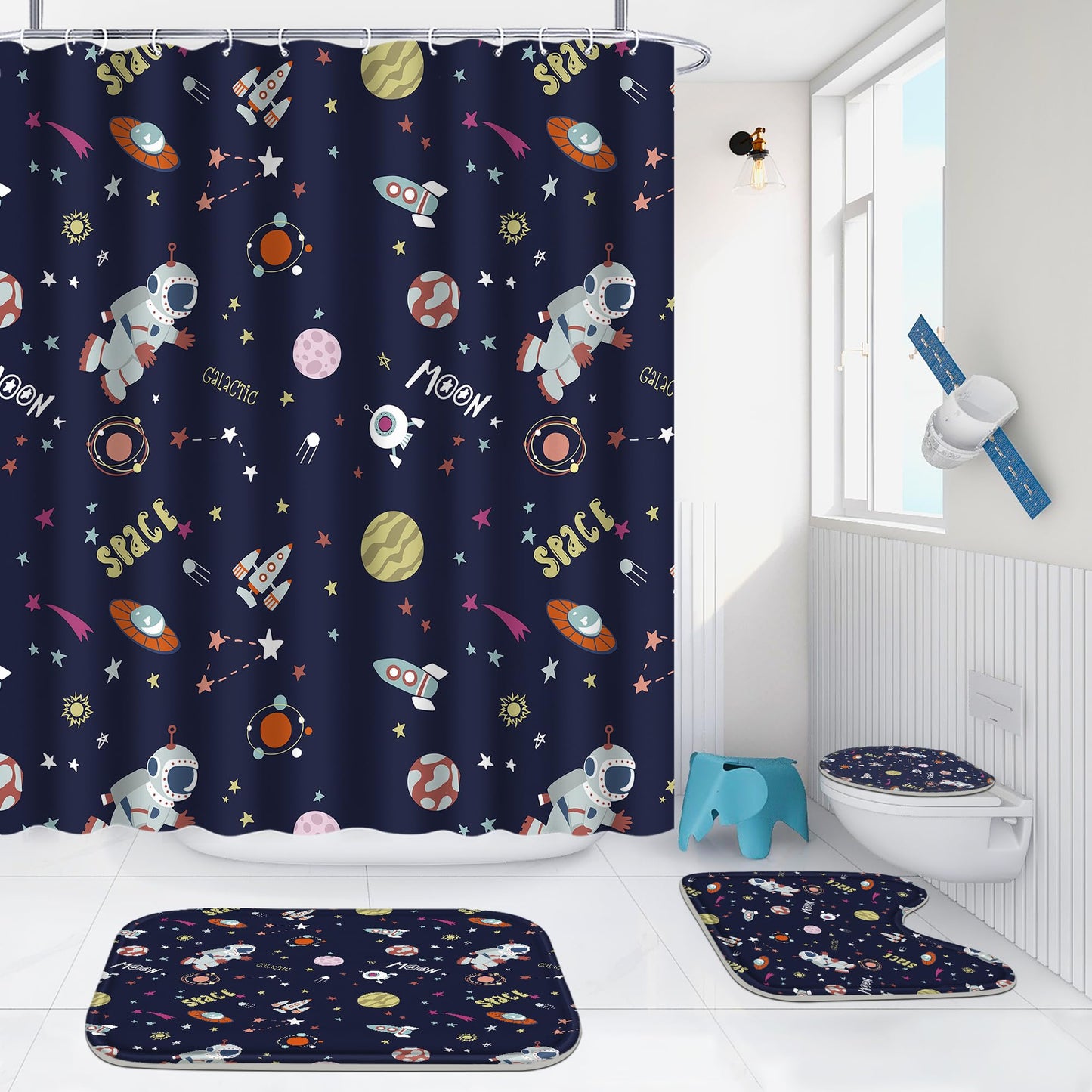 Poedist 4 Pcs Bathroom Shower Curtain Set, Bathroom Set, Space Shower Curtain Sets with Rugs(Bath Mat,U Shape and Toilet Lid Cover Mat) and 12 Hooks