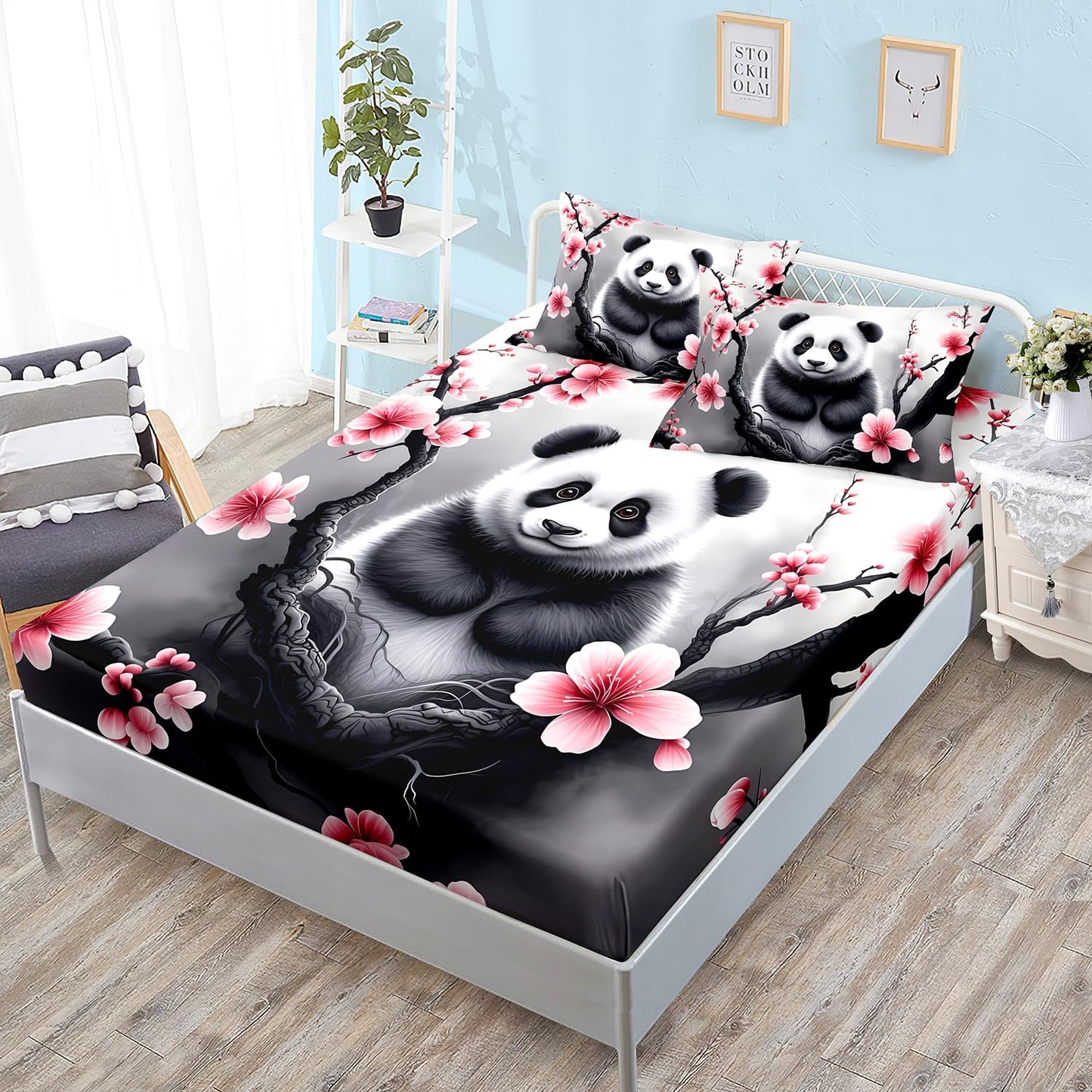 HOSIMA Panda Twin Fitted Sheet,Cute Panda Sitting Surrounded by Flowers on Branches,Gray White Ink Background Pattern Animal Bedding for Kids Boys Girls Room Decor,1 Fitted Sheet+2 Pillowcases.