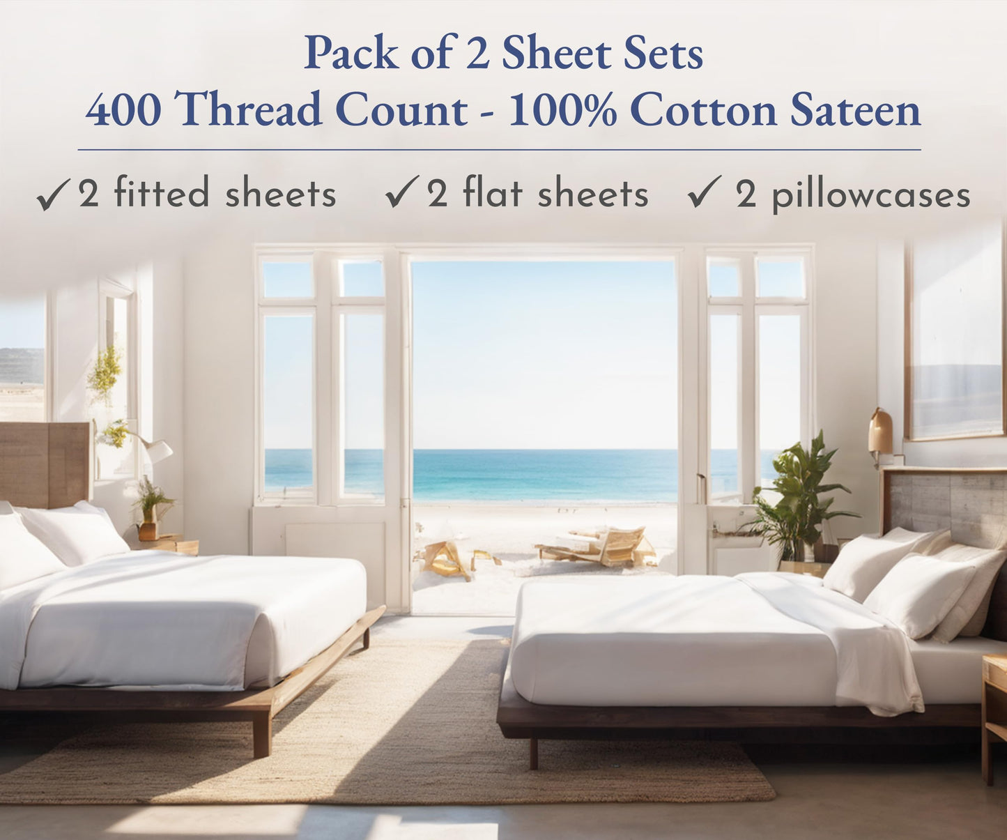 California Design Den Pack of 2 Twin Sheets Set - 400 Thread Count 100% Cotton Sateen - Soft and Breathable Sheets, 2 Sets of Deep Pocket Bed Sheets - Indigo Dusty Blue