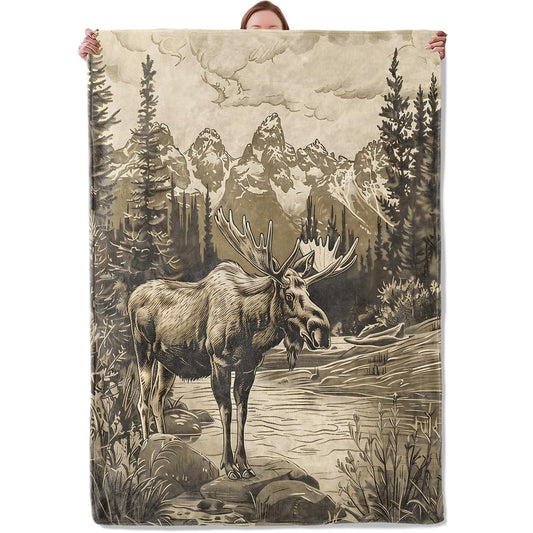 Rustic Moose Blanket Gifts for Women Adults, Soft Warm Lightweight Flannel Throw Blankets for Camping Bedroom Living Room Home Sofa Travel Decor 50" x 60"
