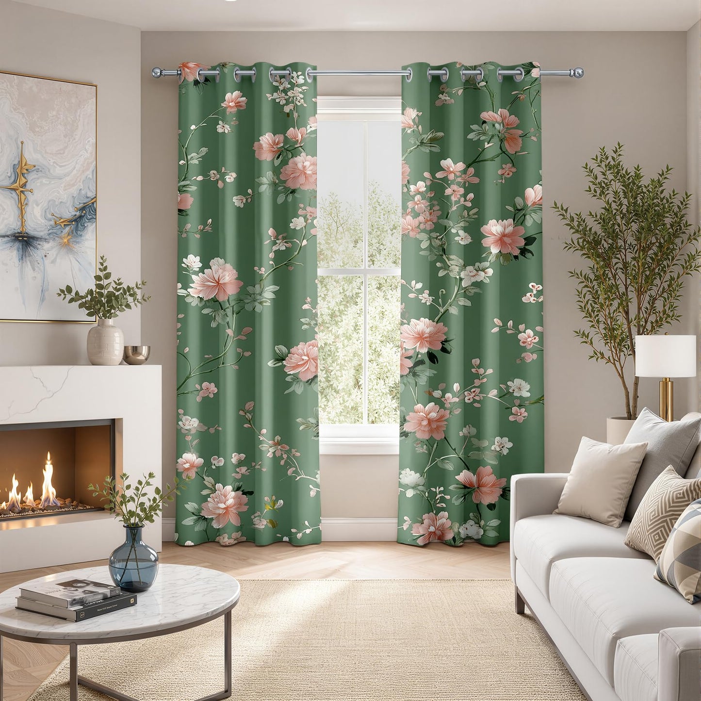 Vintage Floral Patterned Blackout Curtains for Bedroom Living Room, 63 Inch Curtains 2 Panel Set, Thermal Insulated Room Darkening Grommet Drapes, Farmhouse Green Pink Flower Botanical Treatments