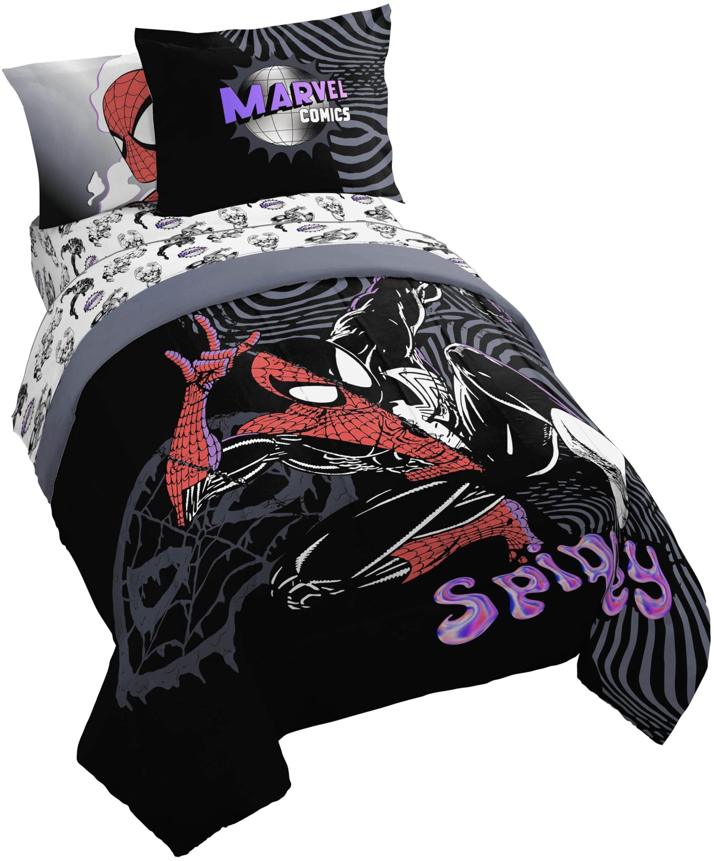 Jay Franco Kids Comforter Set Includes Sheets and Pillow Covers - Soft and Cozy Bed Set for Stylish Room Decor, Black - Marvel Comics, 7 Piece Full Size Bedding