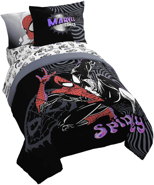 Jay Franco Kids Comforter Set Includes Sheets and Pillow Covers - Soft and Cozy Bed Set for Stylish Room Decor, Black - Marvel Comics, 7 Piece Full Size Bedding