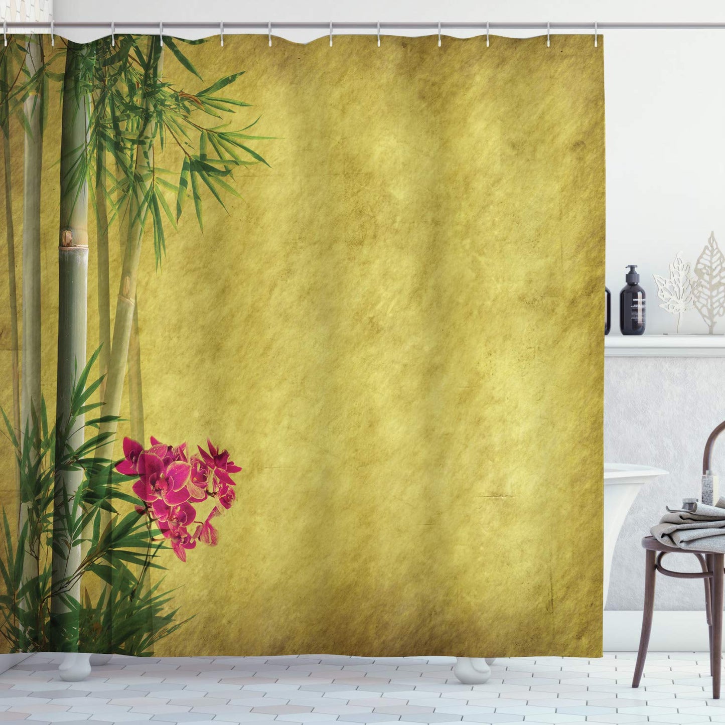 Ambesonne Asian Themed Shower Curtain, Wild Orchides Woodland Leaves on Old Antique Paper Floral Style Art, Cloth Fabric Bathroom Decor Set with Hooks, 69" W x 70" L, Yellow Green and Pink