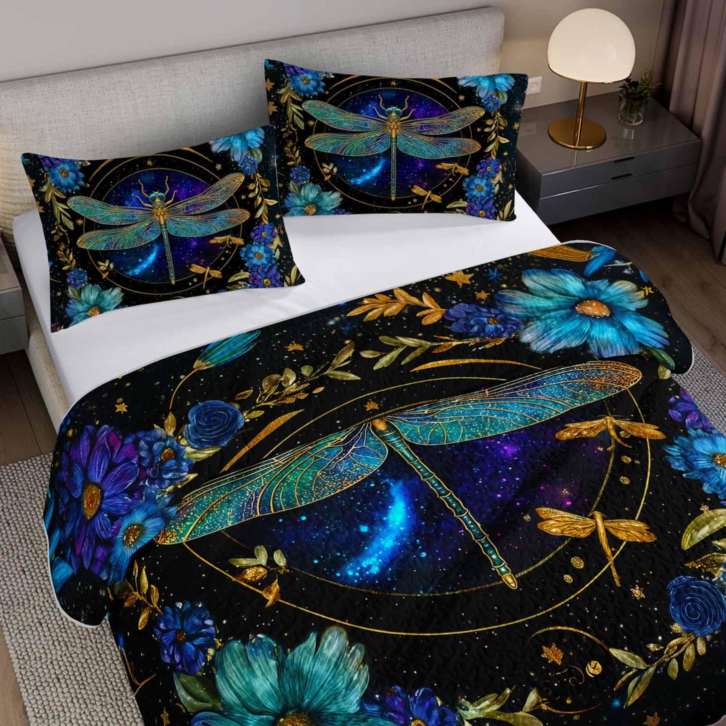 AILONEN Full Quilted Comforter Set 3 Piece, Teal Blue Dragonfly Bedspread Coverlet with 2 Pillowcases, Soft Elegant Gold Floral Quilted Bedding for Teens