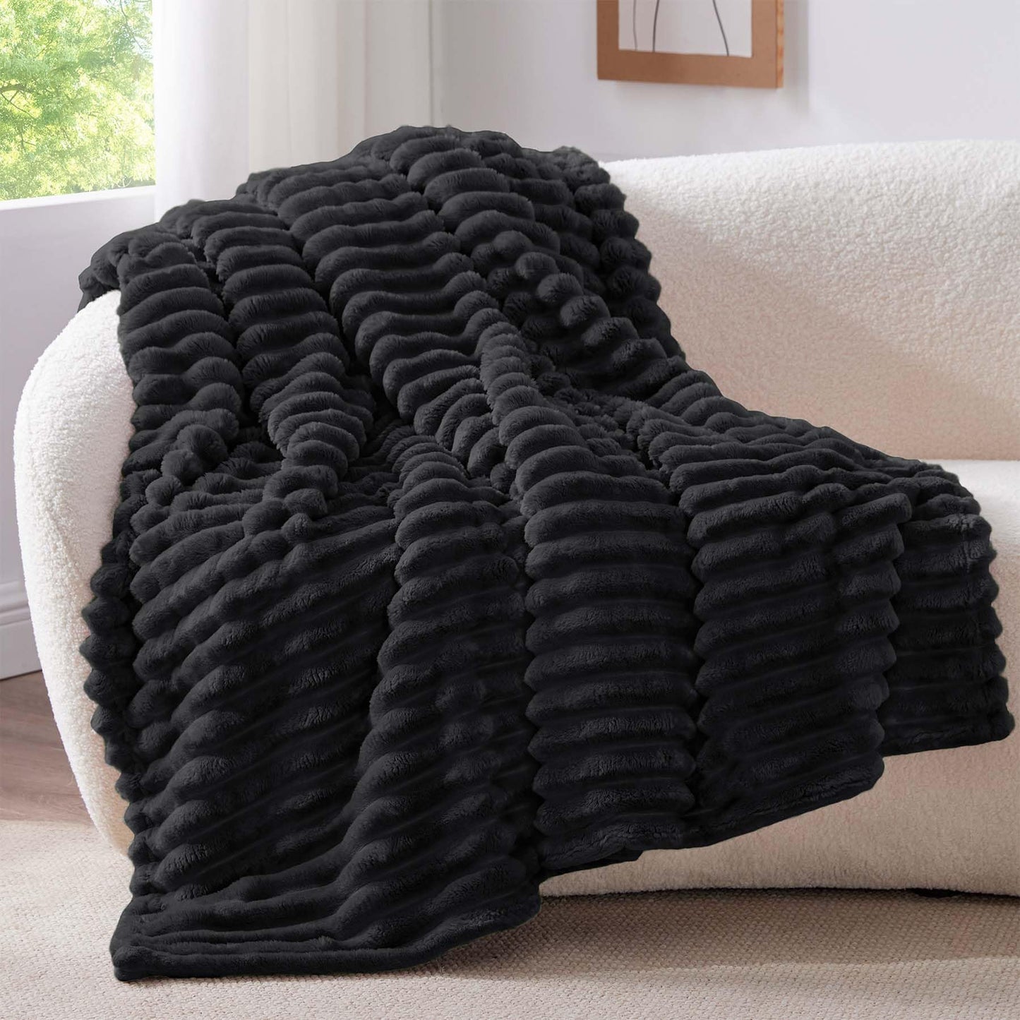 Nookly Black Fleece Throw Blanket for Couch, Soft Lightweight Ribbed Plush Blanket for Sofa and Bed, All-Season Cozy Striped Throw for Men 50x60 Inches
