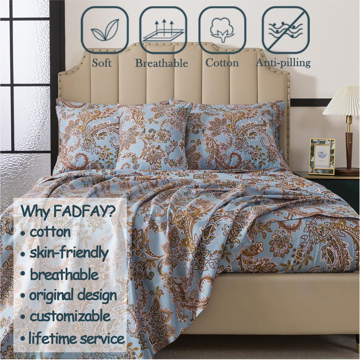 FADFAY Luxury Queen Percale Cotton Sheet Set – Elegant Vintage Blue Paisley Bedding, Ultra Soft & Breathable, Deep Pocket Fitted Sheet, Timeless French Country Heirloom Style, 4 Piece Set