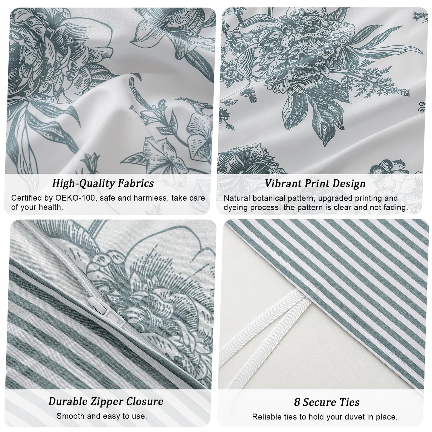 PHF Ultra Soft Floral Duvet Cover Queen Size, Printed Bedding Set 3 Pieces, Comfy Farmhouse Pattern Duvet Cover Set with 2 Pillow Shams, Zipper Closure and 8 Ties, 90"x90", Flower-Blue
