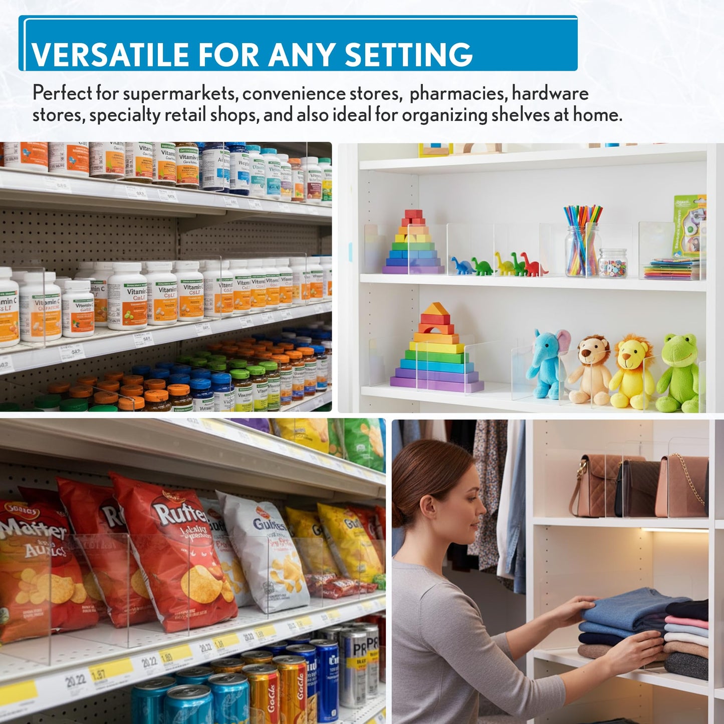 Shelf Dividers, 50 Pack, Self Adhesive, 3” H x 9.5” L Shelf Separators for Retail Shelving, Pantry & Closet Organization, Easy Stick 20 Mil Clear PVC, Product Display Dividers, Clip Strip Corp