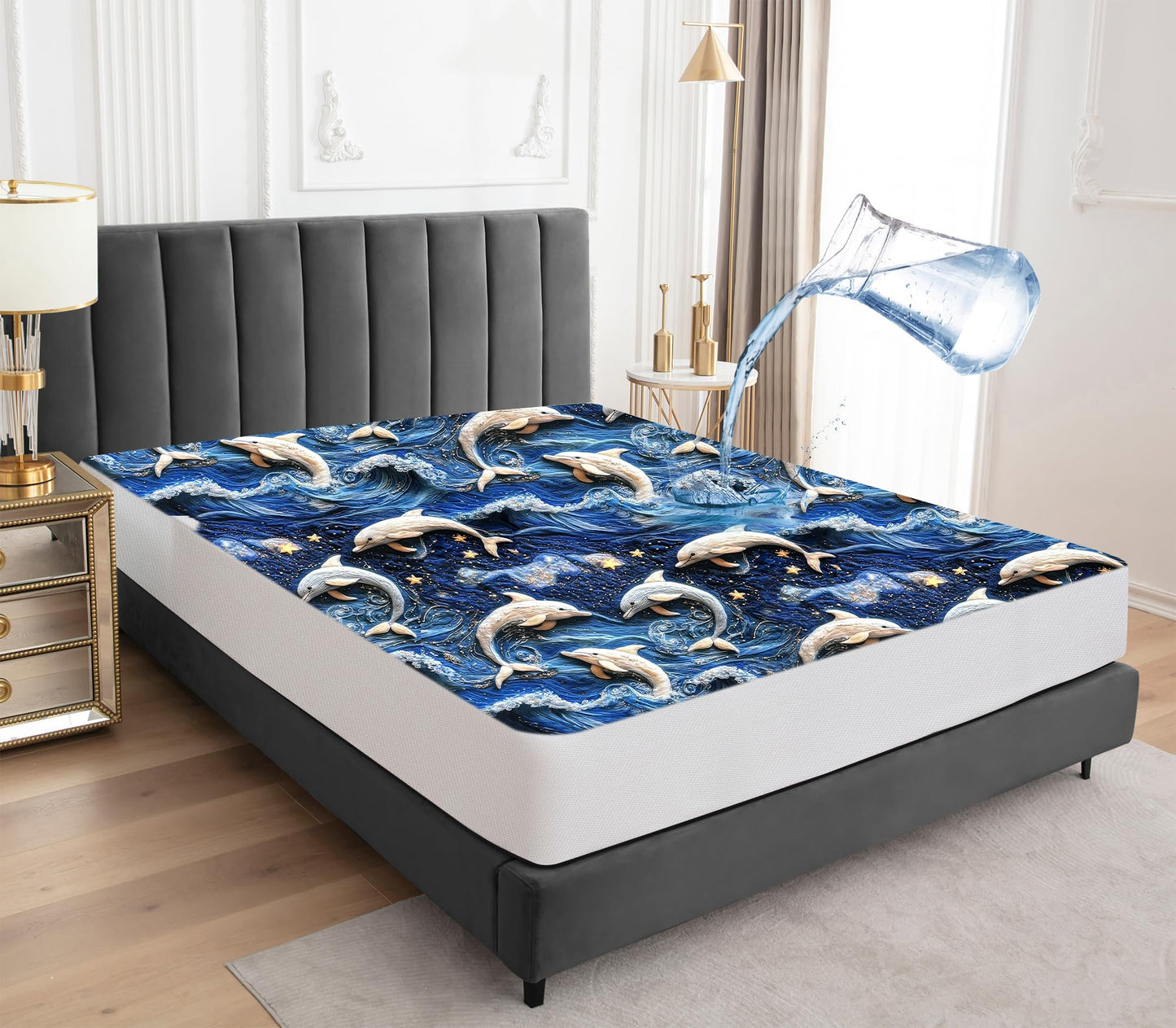 Sufdari Queen Mattress Protector,Waterproof Mattress Protector,Fitted Sheet Style Mattress Cover with 18" Deep Pocket,Washable and Comfortable-Dolphin,Queen