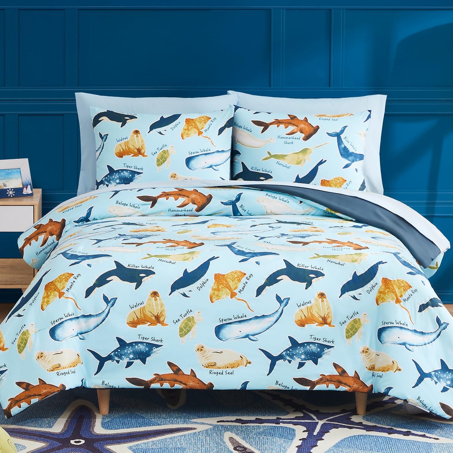 Wink Deer Full Size Comforter Set for Boys-7 Pieces Ocean Animals Glow in the Dark Full Bedding Sets for Kids, Ultra Soft Bed in A Bag with Sheets