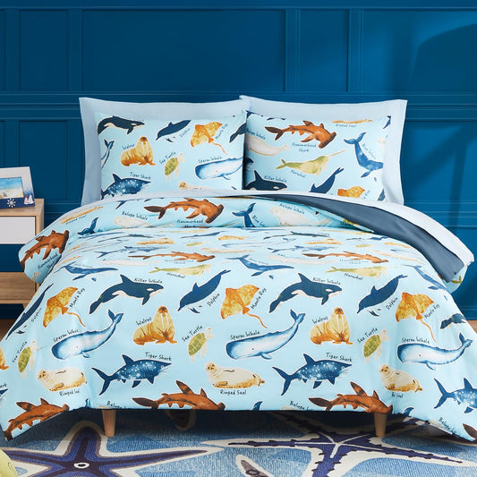 Wink Deer Full Size Comforter Set for Boys-7 Pieces Ocean Animals Glow in the Dark Full Bedding Sets for Kids, Ultra Soft Bed in A Bag with Sheets