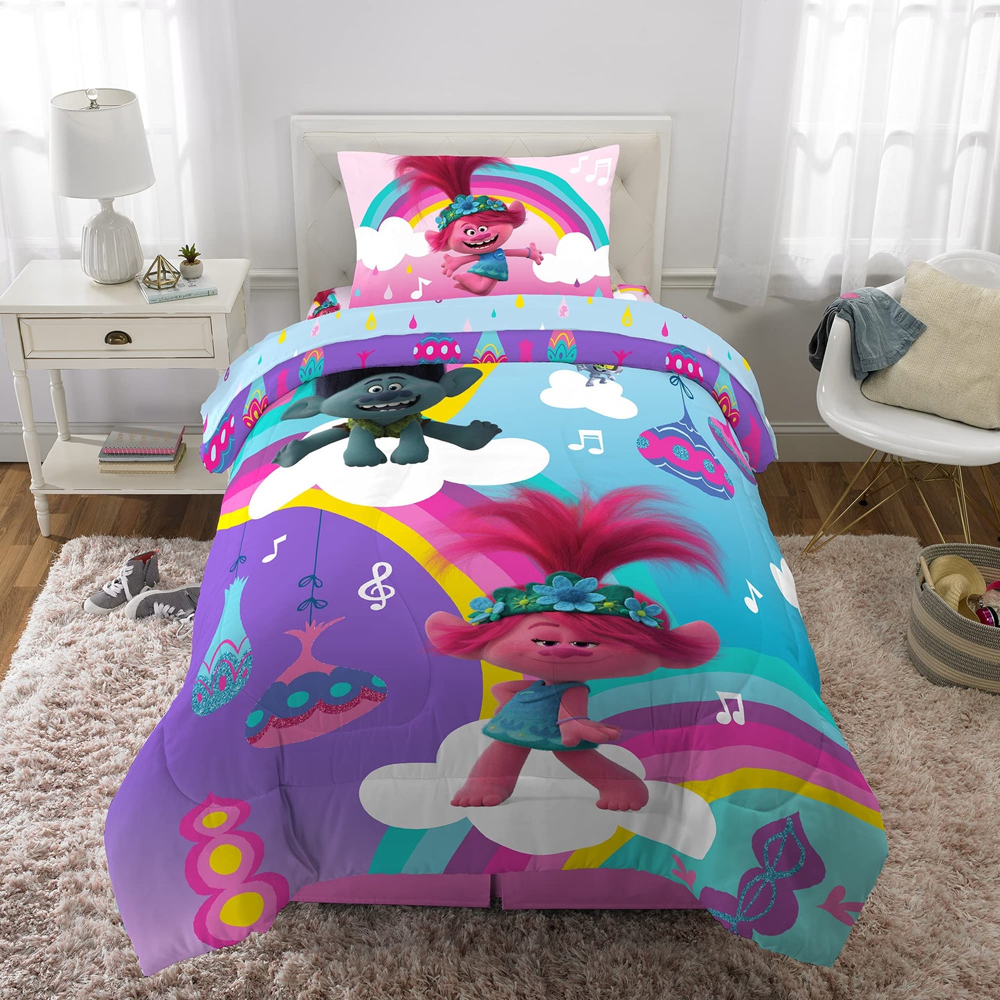 Franco Kids Bedding Super Soft Microfiber Comforter and Sheet Set, 4 Piece Twin Size, Trolls World Tour