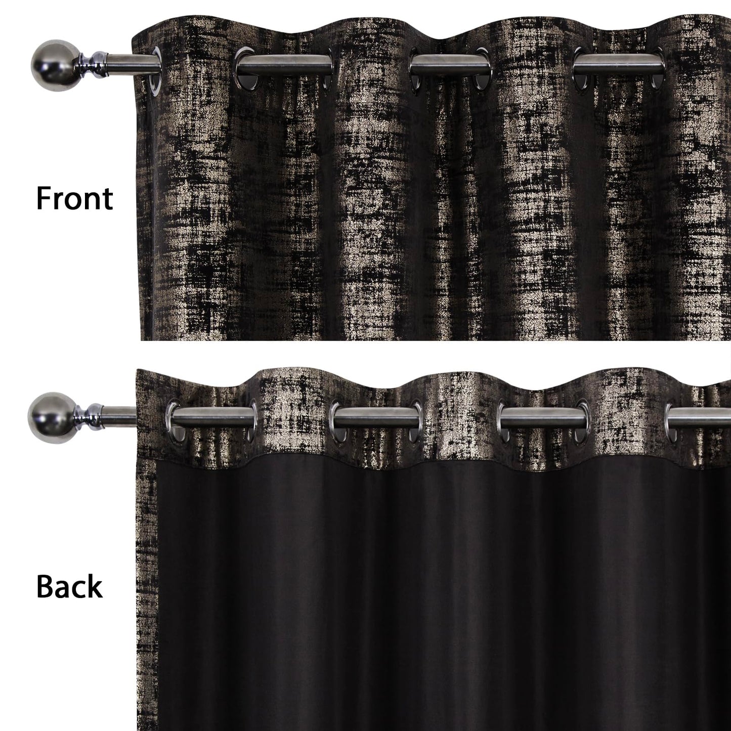 always4u Black Gold Soft Velvet Curtains 84 Inch Length Luxury Bedroom Curtains Gold Foil Print Window Treatments for Living Room Bedroom Set of 2